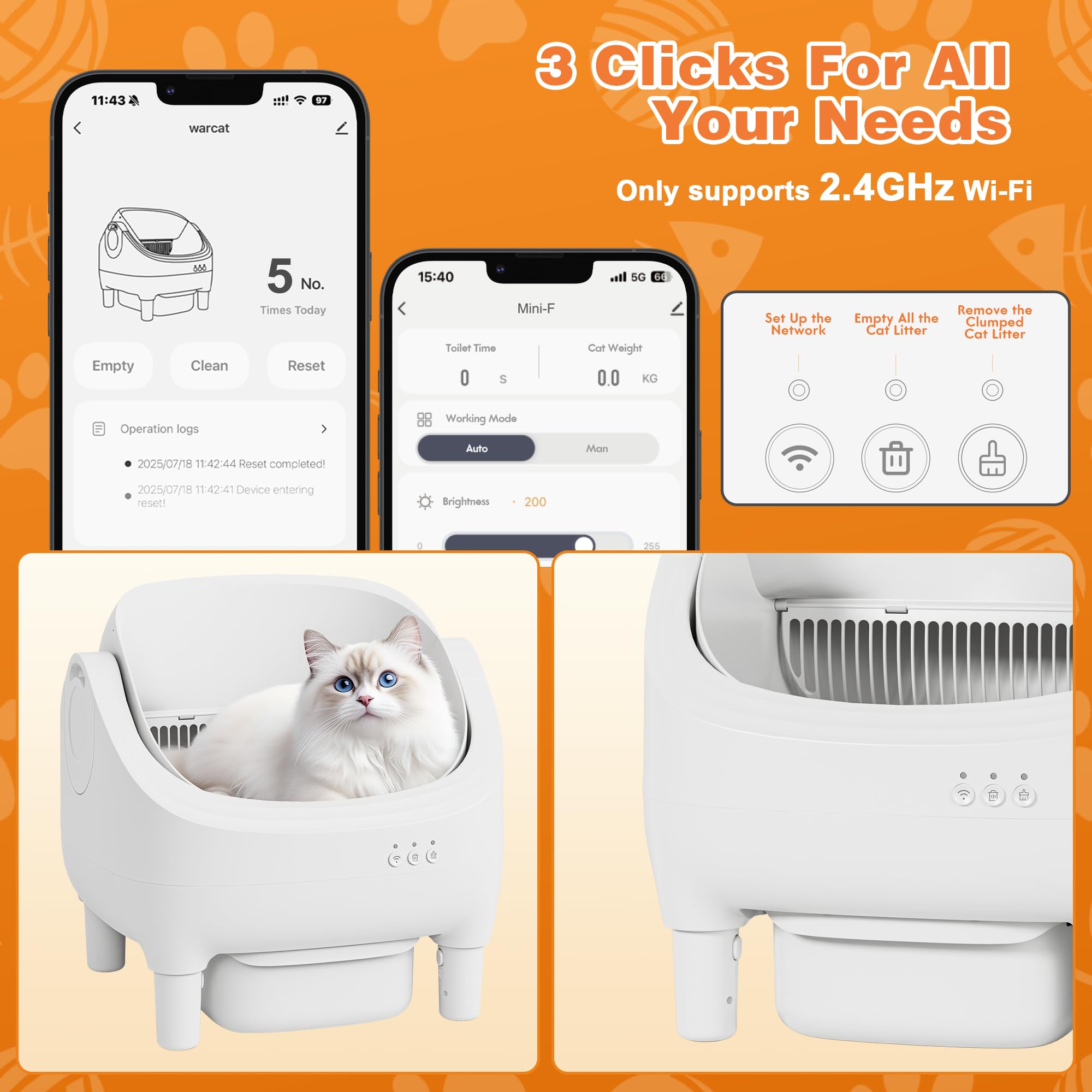 Greesum Self Cleaning Cat Litter Box – Automatic Open-Top Smart Litter Box with App Control, 15L Odor-Sealed Waste Bin, Ultra Quiet 35dB, Multi-Cat & Large Cat Compatible, with Trash Bags & Mat - image 3