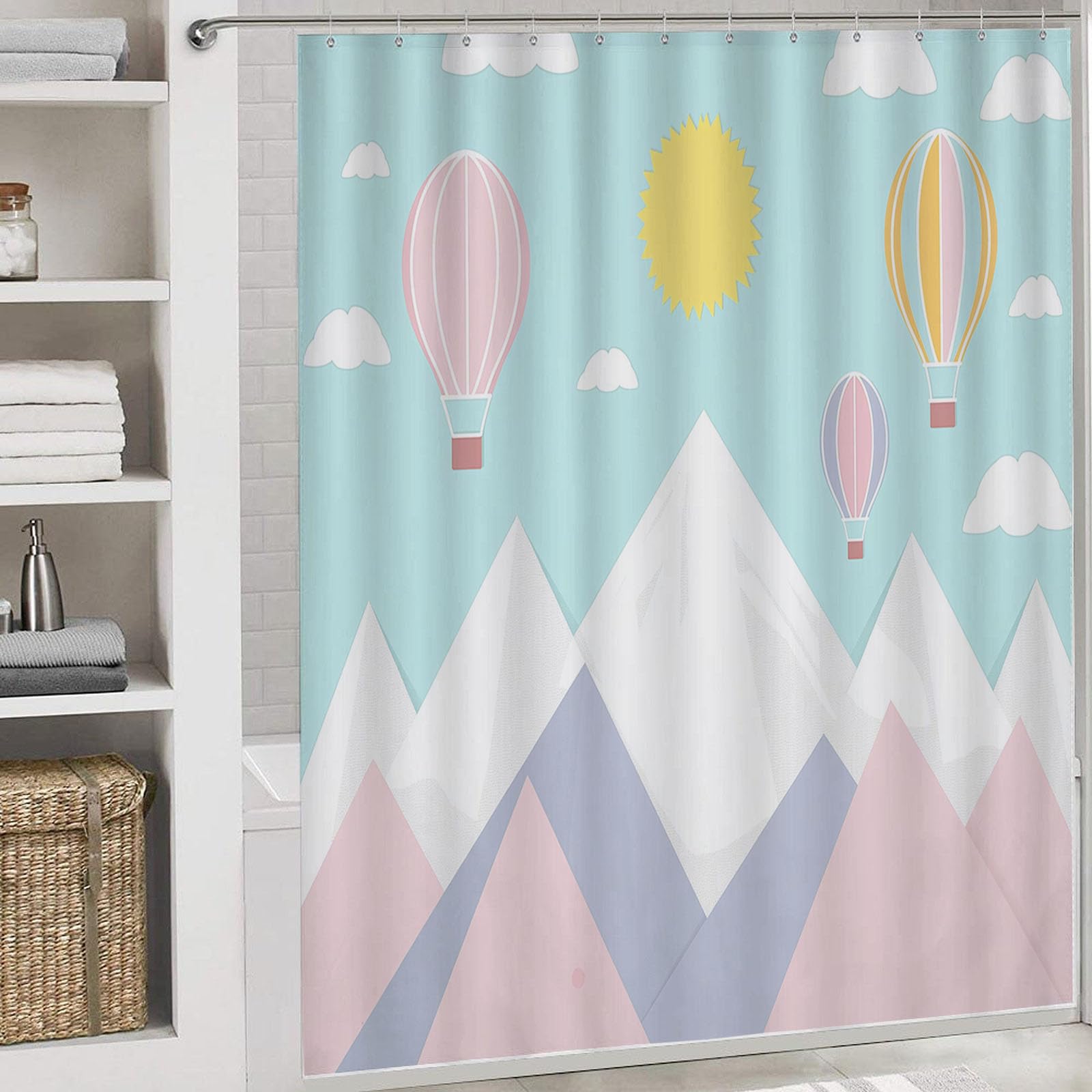 Cortina de Ducha Montañas240x200cm,Globo Aerostático Lavables Cortina de Baño,Poliéster Textil Impermeable Cortina Ducha para Bañera con 12 Ganchos