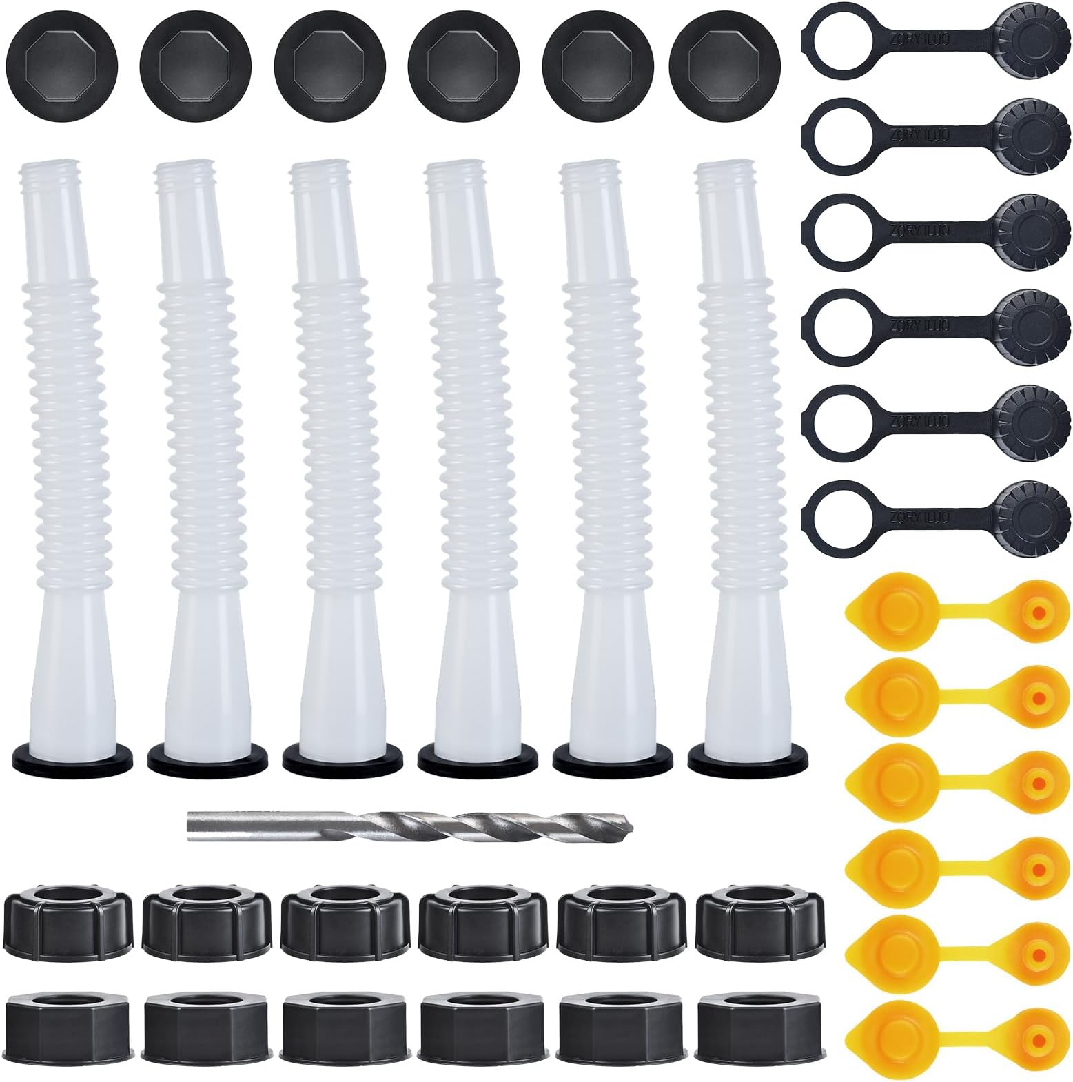 Gas Can Spout Replacement, Gas Can Nozzle. Spout Length is 8.1 in, Easier to use. For most 1/2/5/10 gal oil cans. With Gas Tank Vent Caps, Thick rubber pad, Spout Cover, Base Caps (6 Kit-White)