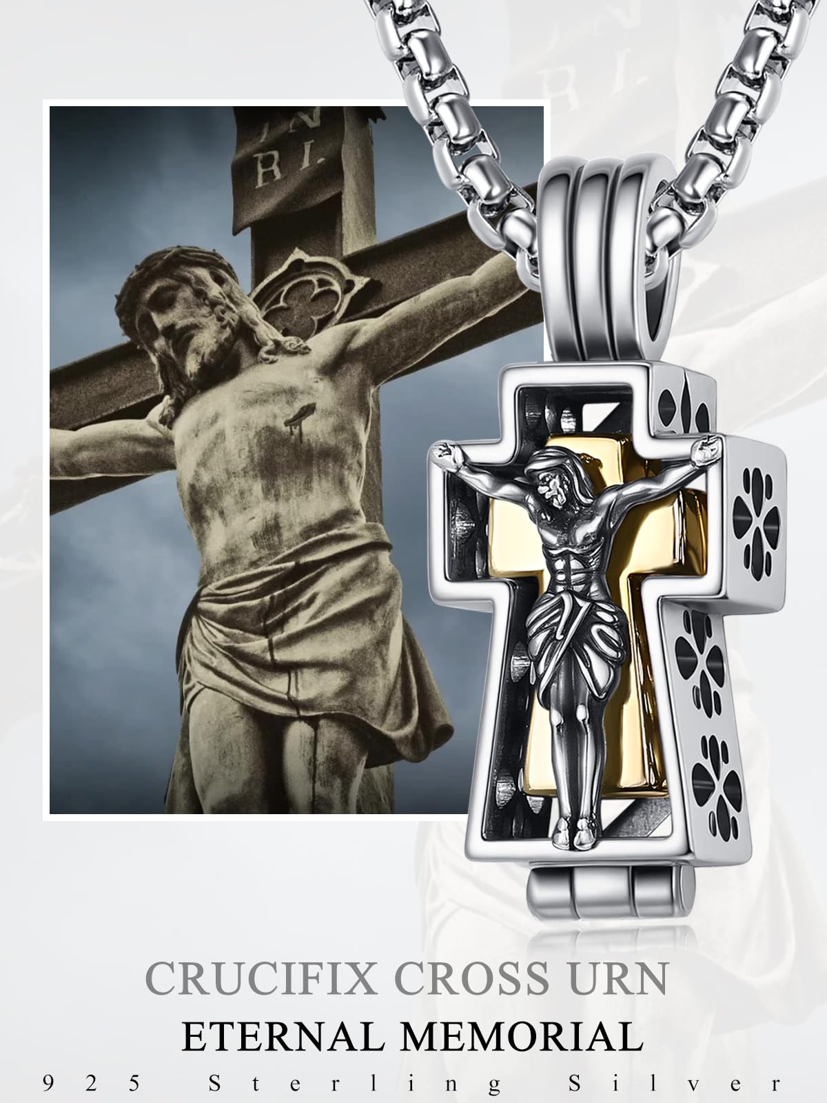 ADMETUS 925 Silber Heiliger Kreuz Urnen Anhänger Ascheanhängerkett Einäscherung Schmuck für Asche Memorial Geschenke für Männer mit 2,5 mm 22"+2" Rolo Ketten