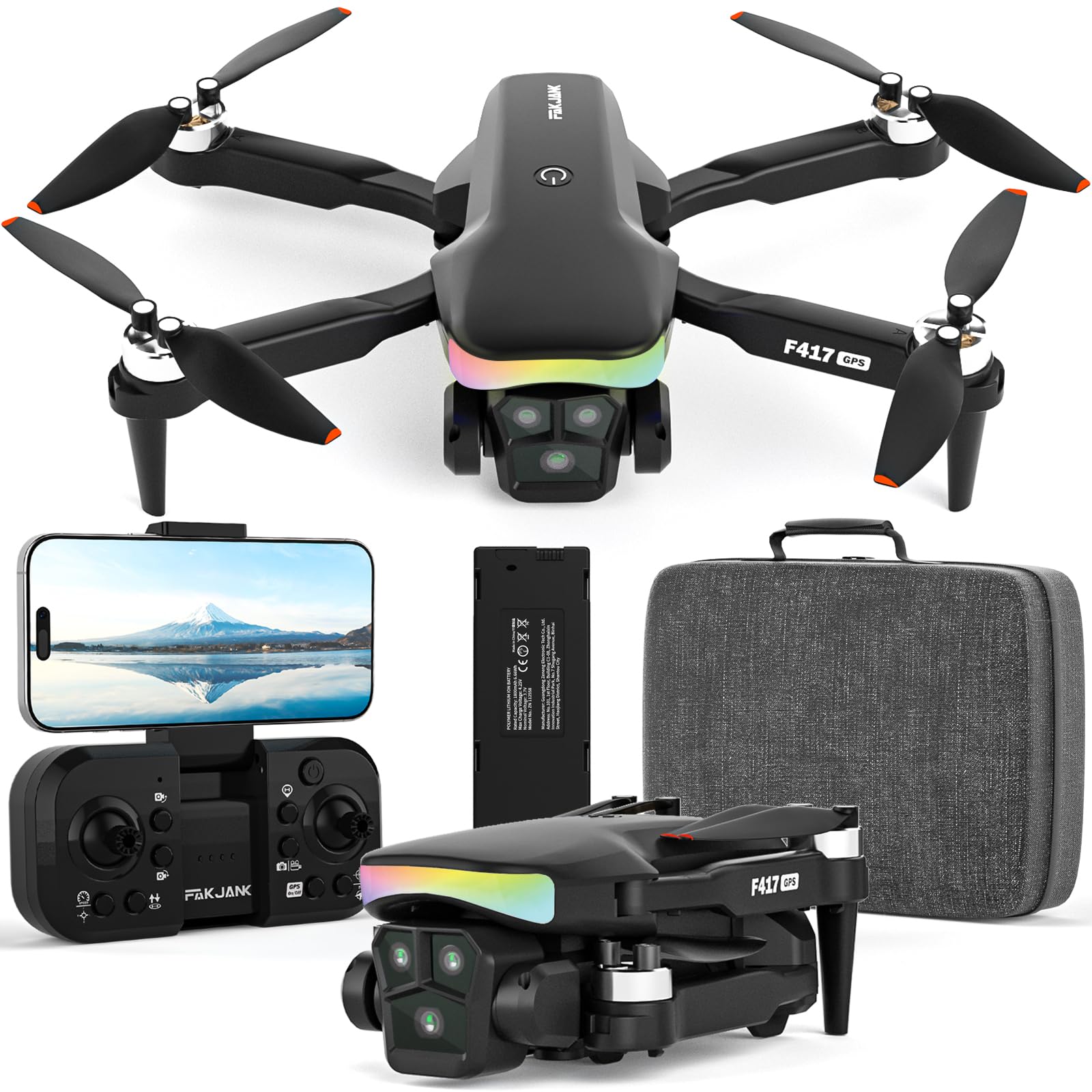 F417 GPS Drone con telecamera 4K per adulto bambini,LED RGB obiettivo elettrico regolabile 90°,GPS Drone professionale 5GHz WiFi Live video,RC FPV drone ritorno automatico,Seguimi,Borsetta,sotto 250g