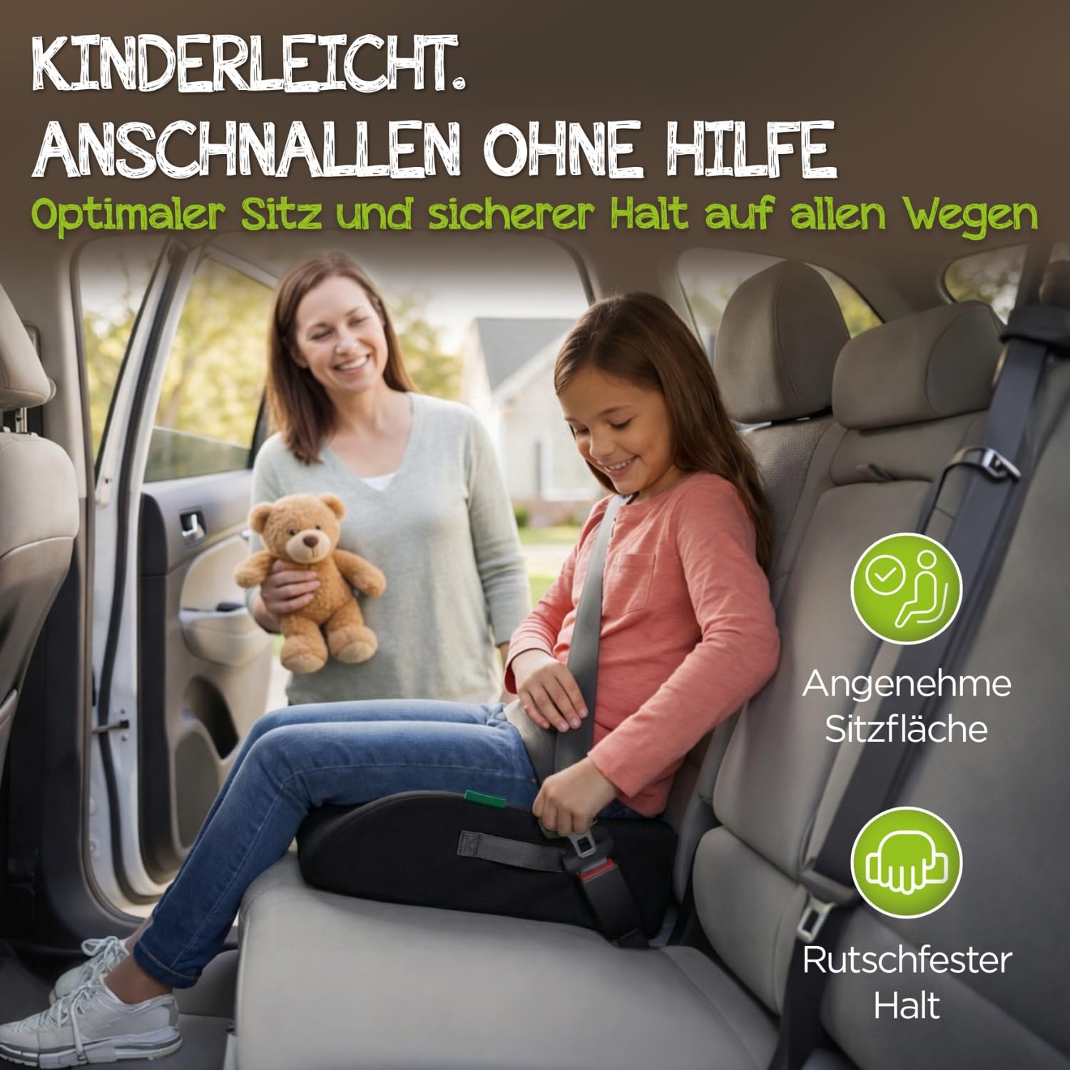 Kindersitz fürs Auto (Schwarz) – Praktisch, komfortabel und sicher – Geprüfte Sicherheit nach Kindersitznorm R129 – Kindersitz 135-150cm – kompakt und unkompliziert