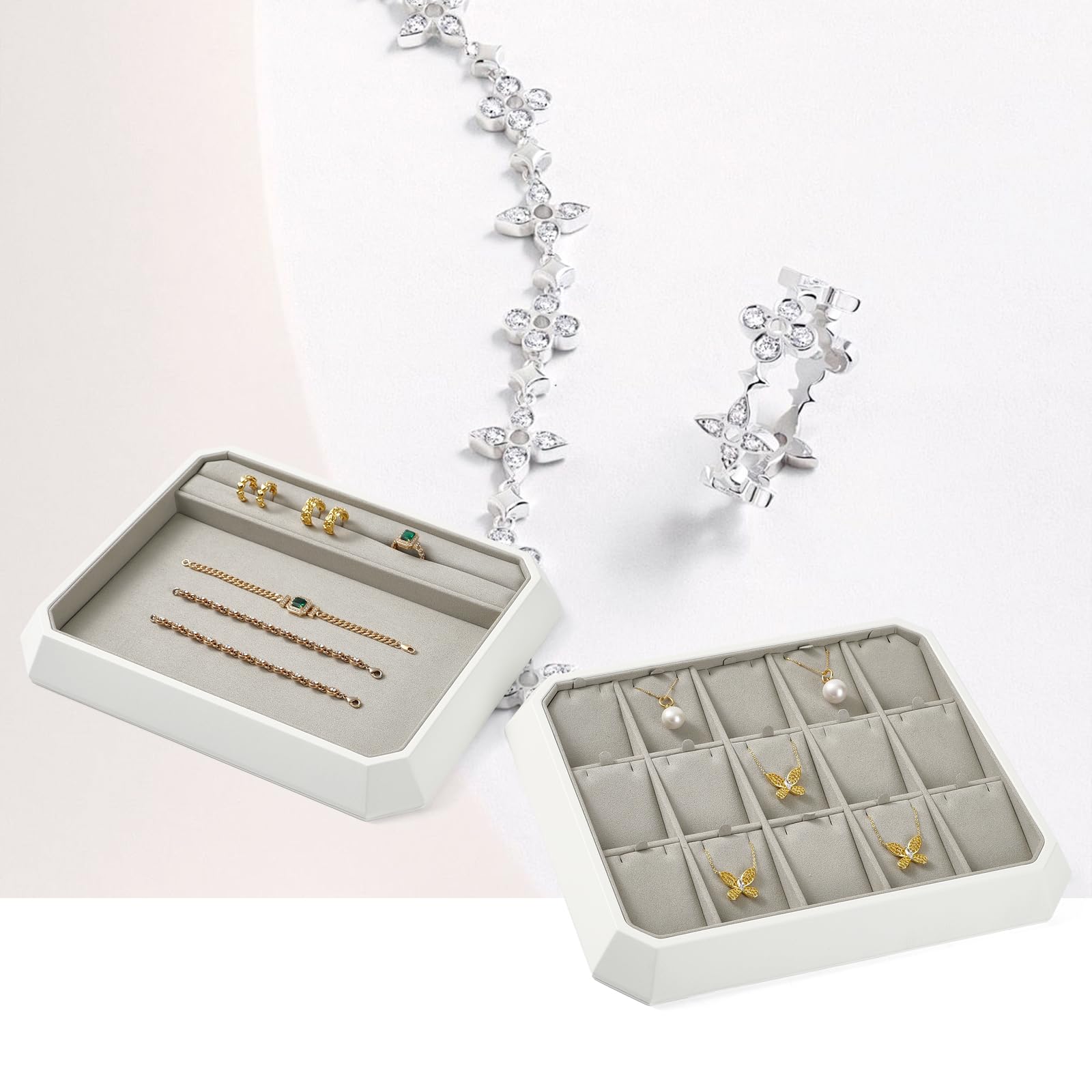 Plateau à bijoux en cuir synthétique blanc - Tiroir - Organisateur de bijoux - 15 compartiments - Présentoir à bijoux pour colliers et colliers
