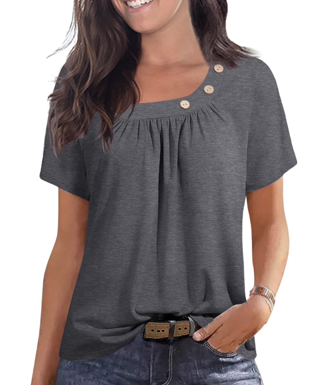 PrinStory Womens Short Sleeve Tops Summer Fashion Irregular Neck Knitted Tunic Tops Casual Loose Pullover Shirts