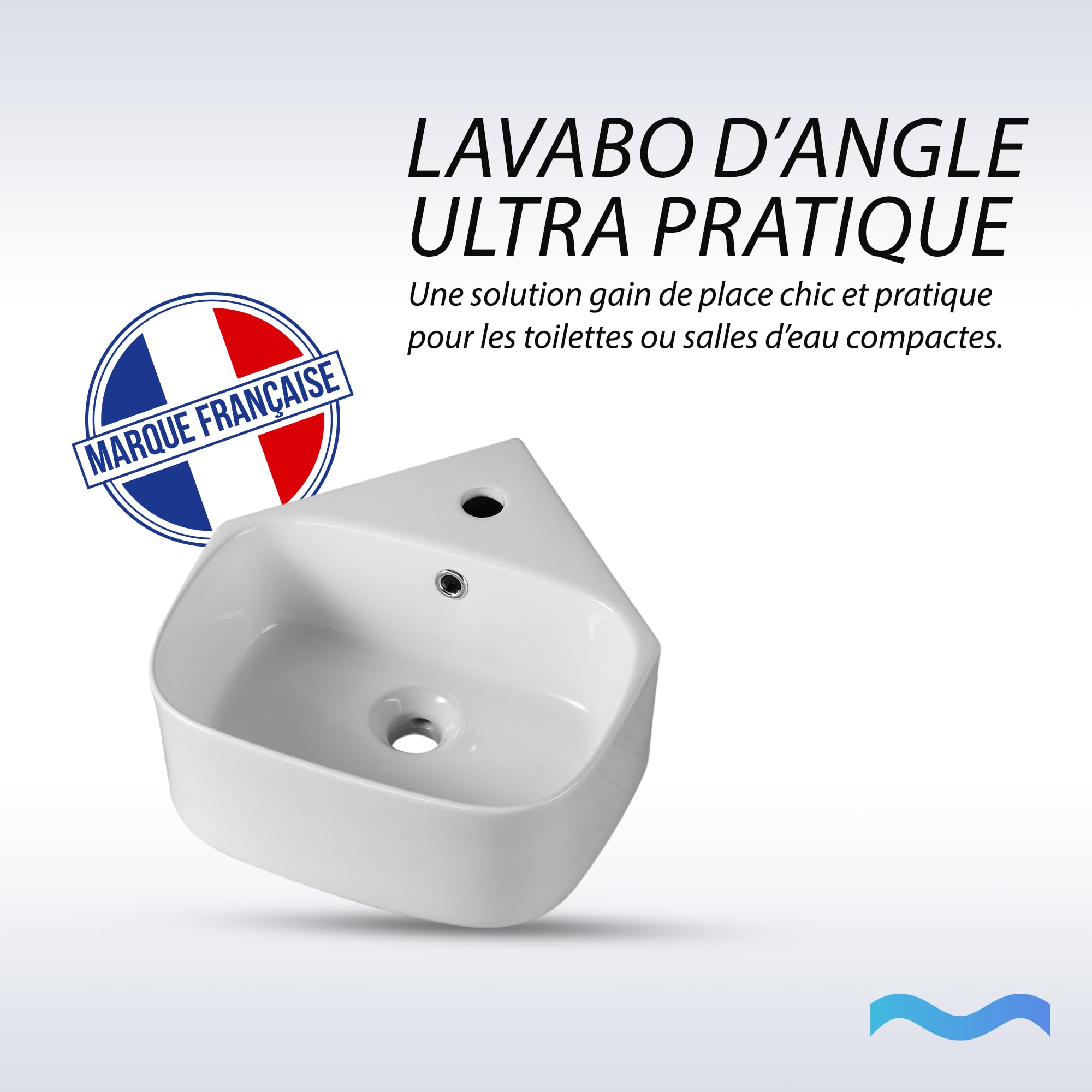 Lavaplas de esquina de cerámica blanca - Lavabo compacto y angular para espacios pequeños - Lavabo de diseño elegante y funcional - Ideal para baños o aseos - 40 x 43,5 x 16,5 cm