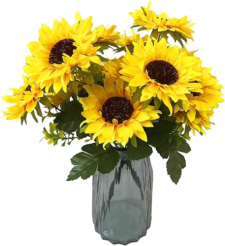 4 racimos de flores artificiales, ramos de girasol con tallos de seda, girasoles de seda, flores amarillas falsas para decoración de bodas,
