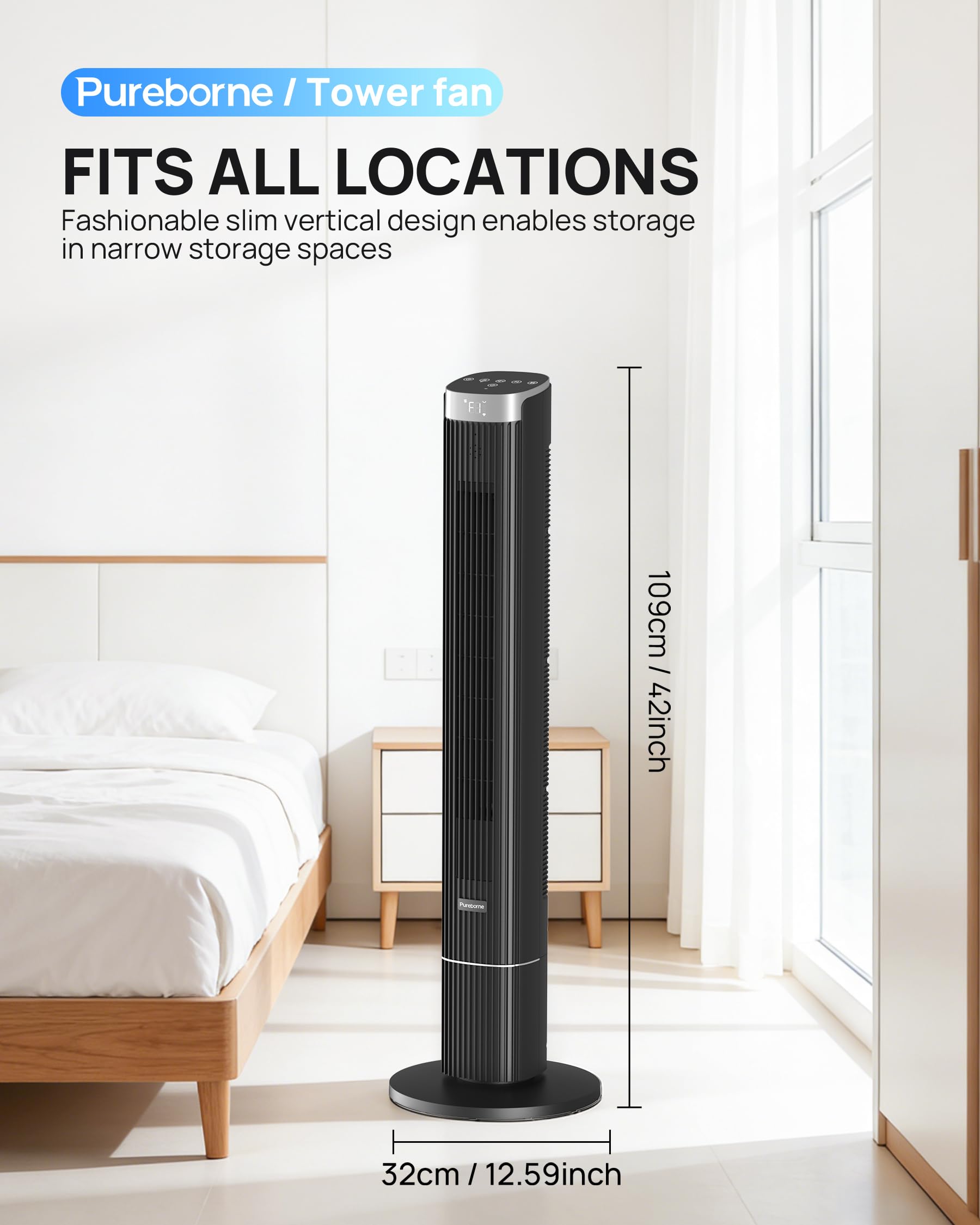 Leiser Ventilator, 25dB Smart Turmventilator, 90° Oszillation Tower Fan, 4 Stufen, 12H Timer Turmventilatoren für Schlafzimmer, 109cm, Schwarz, 1 Pack+ 4 Modi