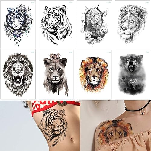 Glaryyears Tatuaje temporal de león tigre para hombres, mujeres y adultos, paquete de 8 tatuajes falsos con diseño de animales del bosque,