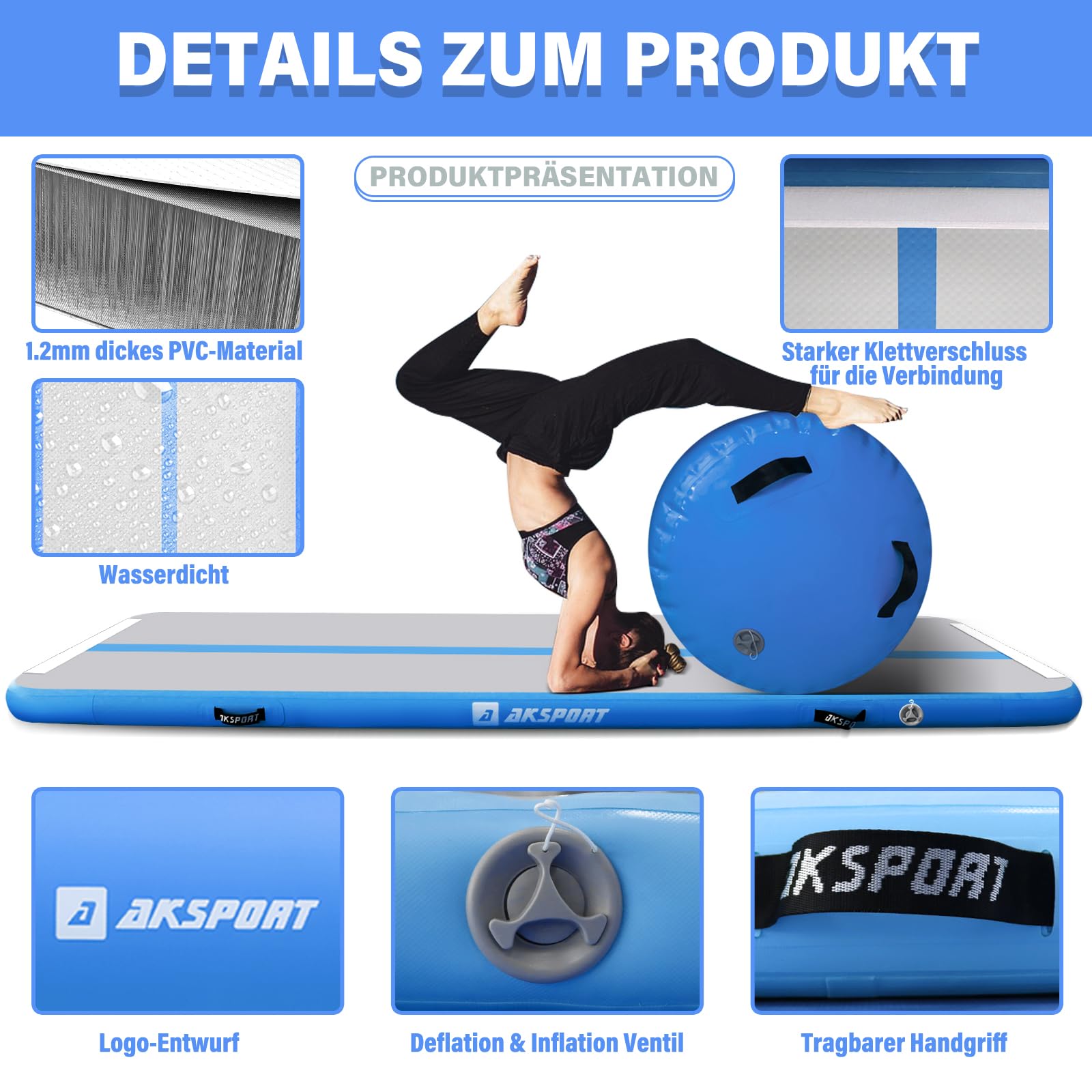 AKSPORT Tappetino ginnico gonfiabile con rullo ginnico a barile d'aria per tumbling posteriore/Yoga/Cheerleading/camminate all'indietro, con pompa d'aria