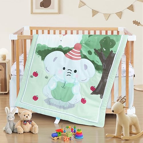 3 Piece Baby Crib Bedding Set – Includes Soft Crib Fitted Sheet, Comforter and Skirt, Crib Nursery Bed Set Decor for Baby Boy and Girl - Elephant