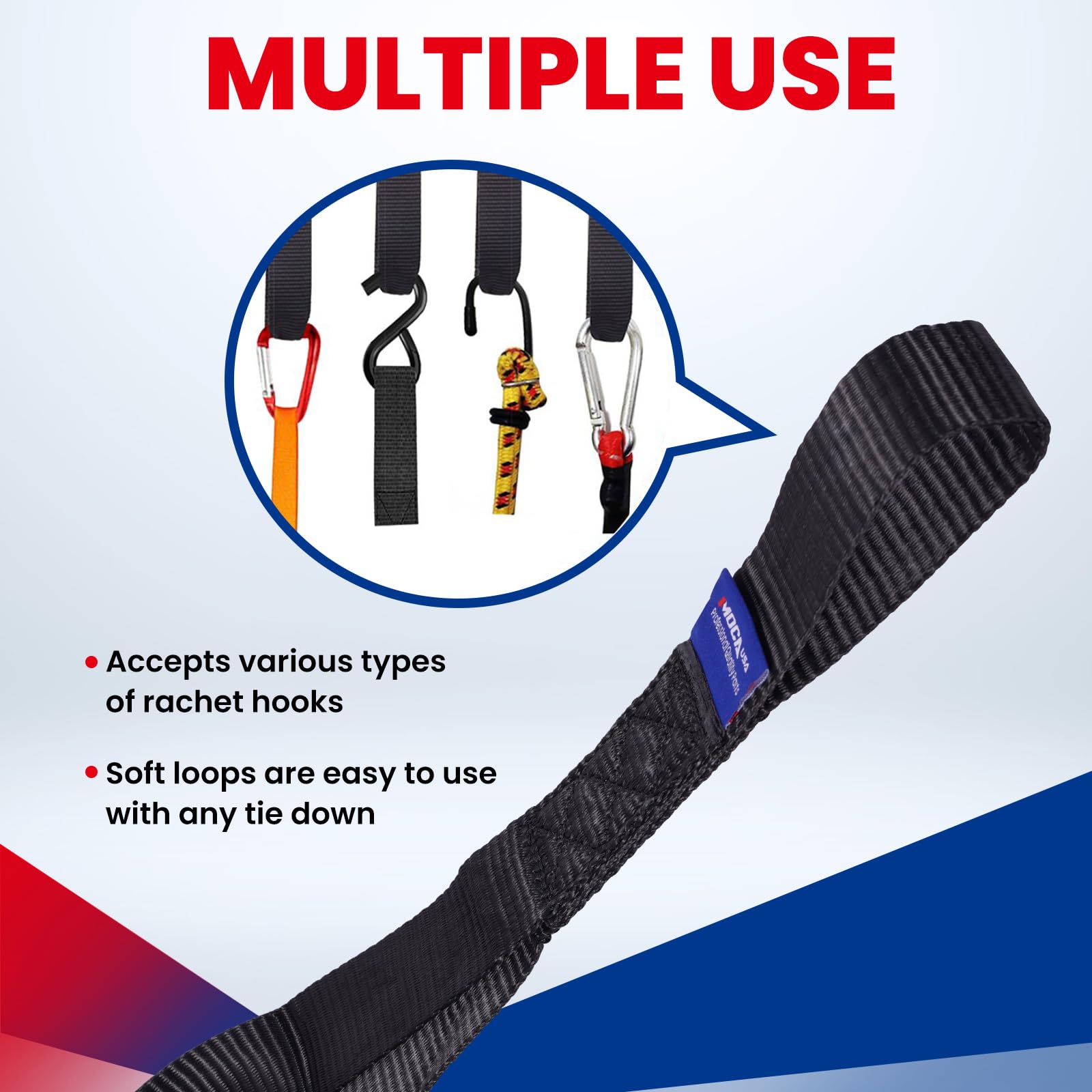 Moca - 8 Correas de Amarre Suaves de 1000 Libras de Fuerza de ruptura de 1.6 x 17 Pulgadas, Resistentes Lazos de Amarre para Remolque Seguro de Kayak, Motocicletas, ATV, UTV
