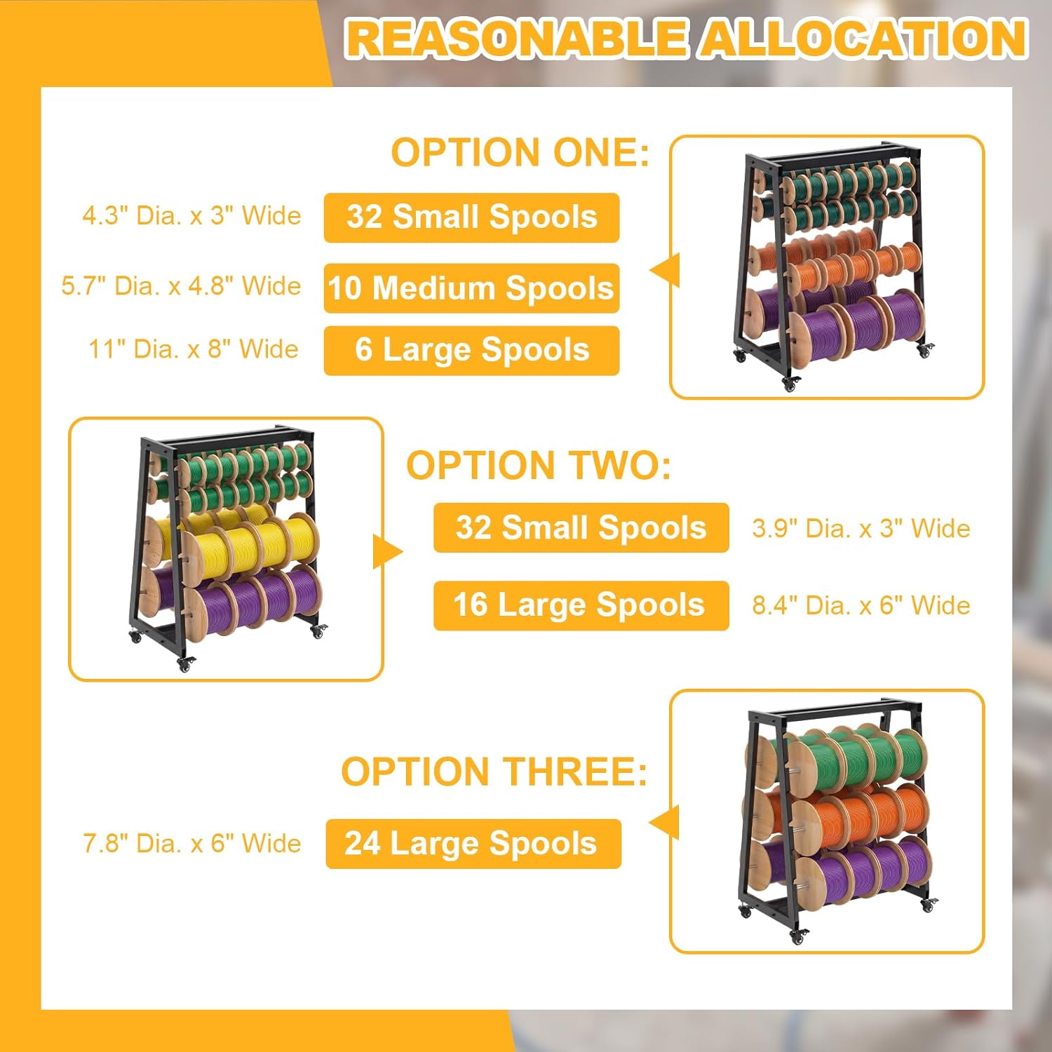 LEIFIDE Heavy Duty 8 Rod Wire Spool Rack with Locking Wheels 400 lb Capacity Cable Dispenser for Electrical, Industrial and Retail Use, Adjustable Stainless Steel Rods, Mobile Wire Holder Organizer