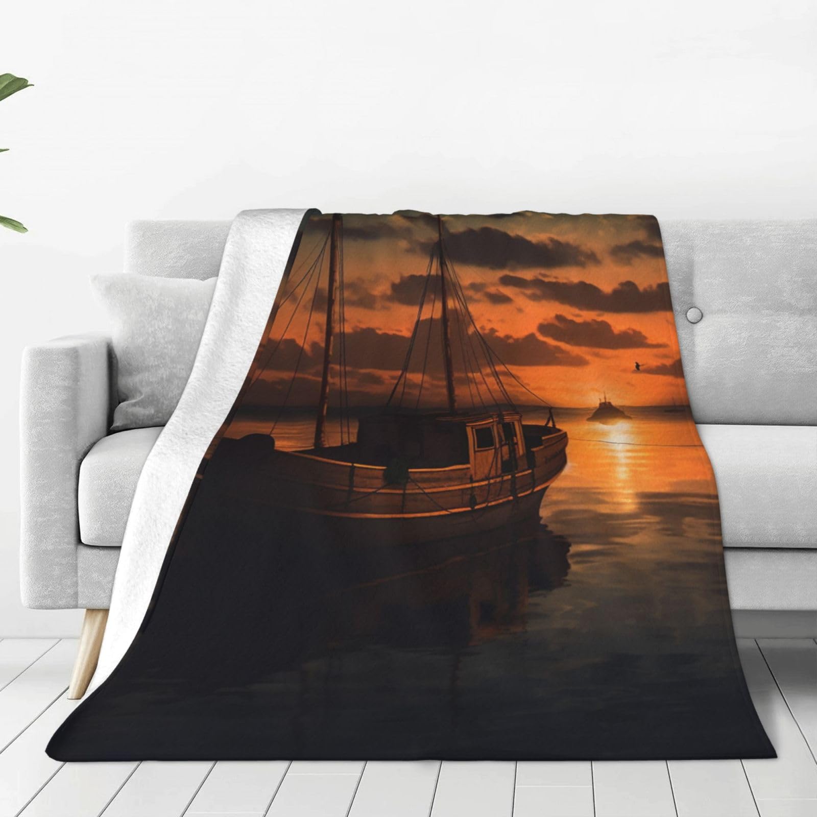 Couverture en flanelle motif bateau crépuscule 152x127 cm toutes saisons pour canapé