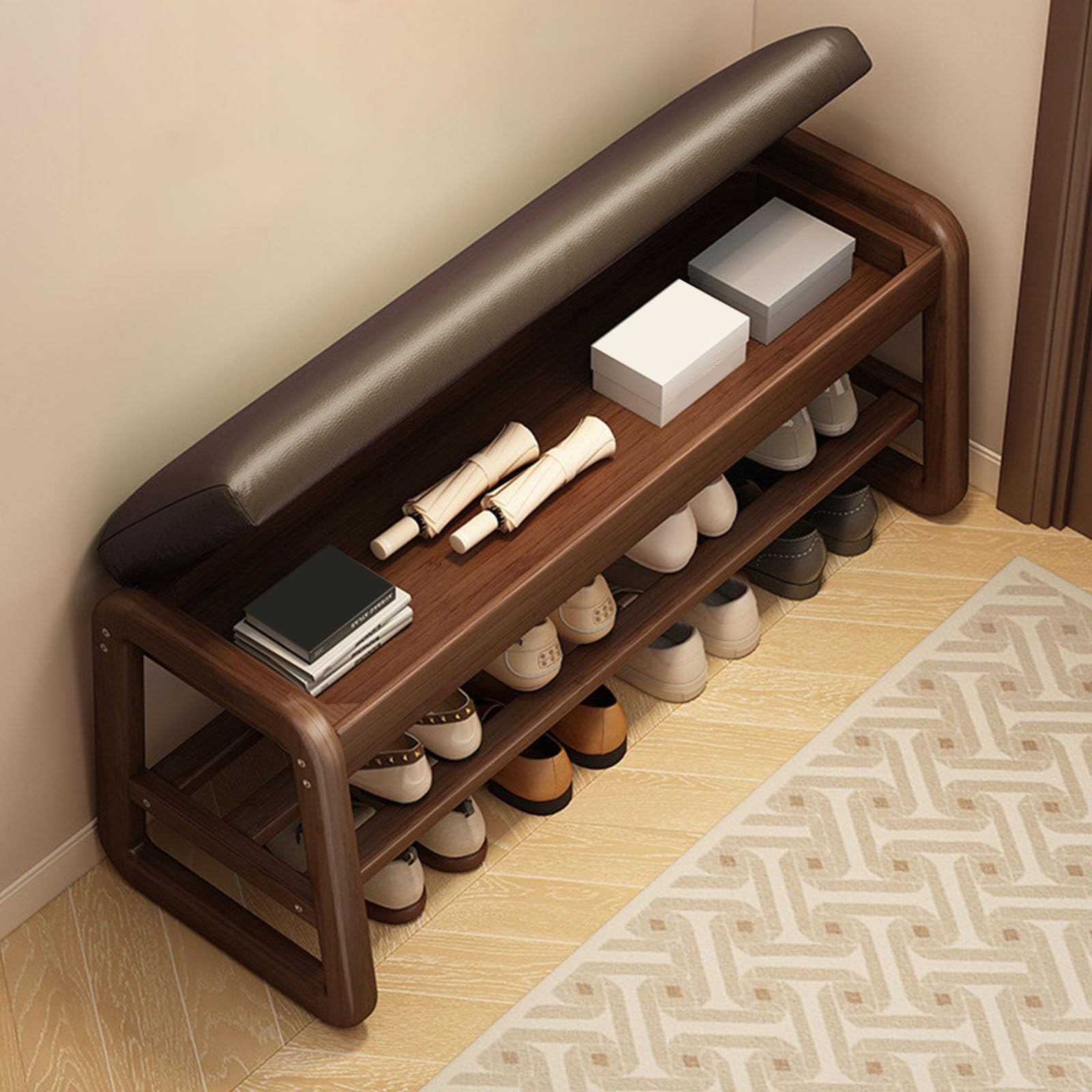 MSHGSKU Solid Wood Shoe Bench 2 Tier Shoe Storage with Cushioned Seat Space Saving Entryway Bench for Hallway Living Room Bedroom (Curry 80cm)