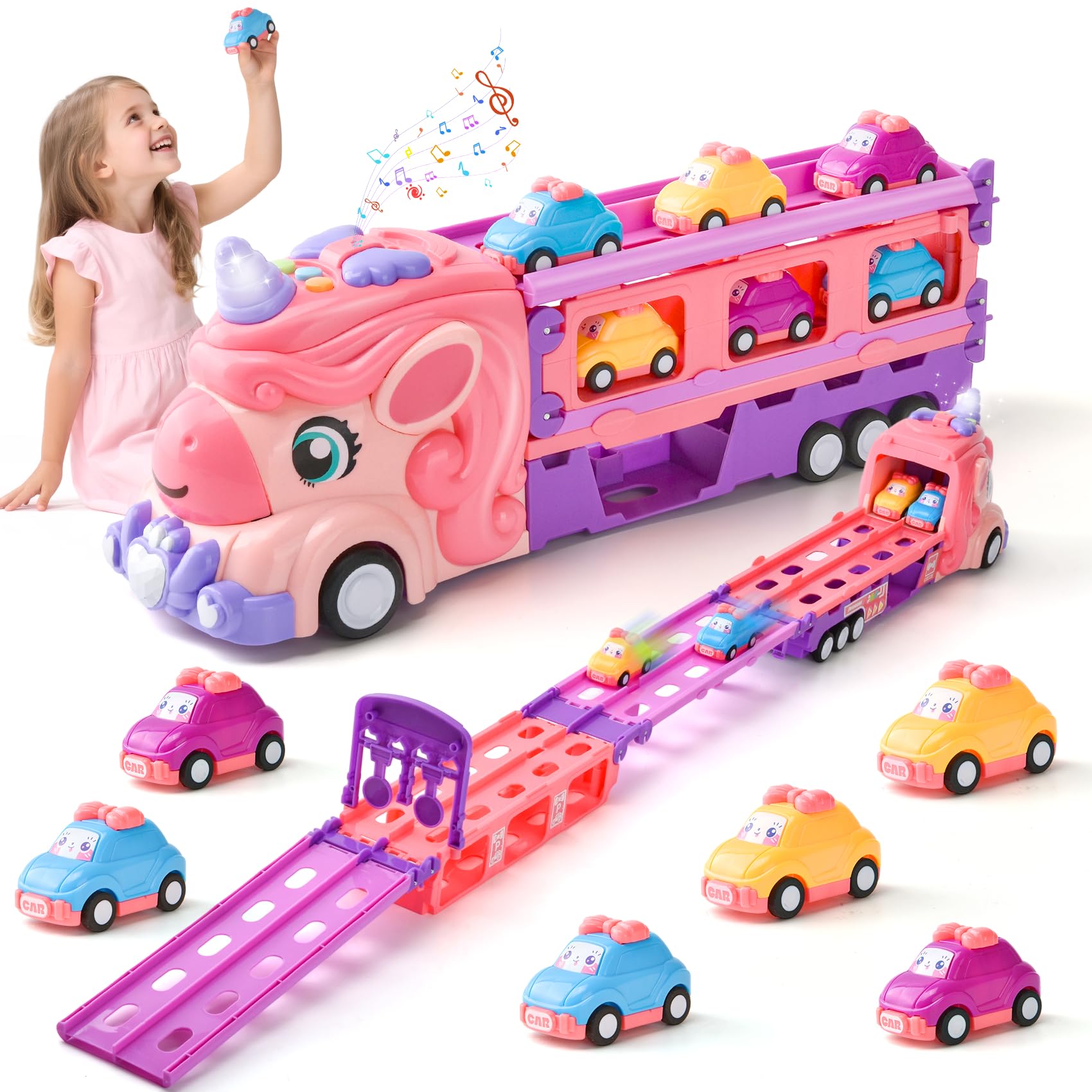 Giocattolo per auto per bambini dai 2 ai 6 anni, con 6 auto giocattolo, luce e musica, camion giocattolo, dai 2 anni (A)