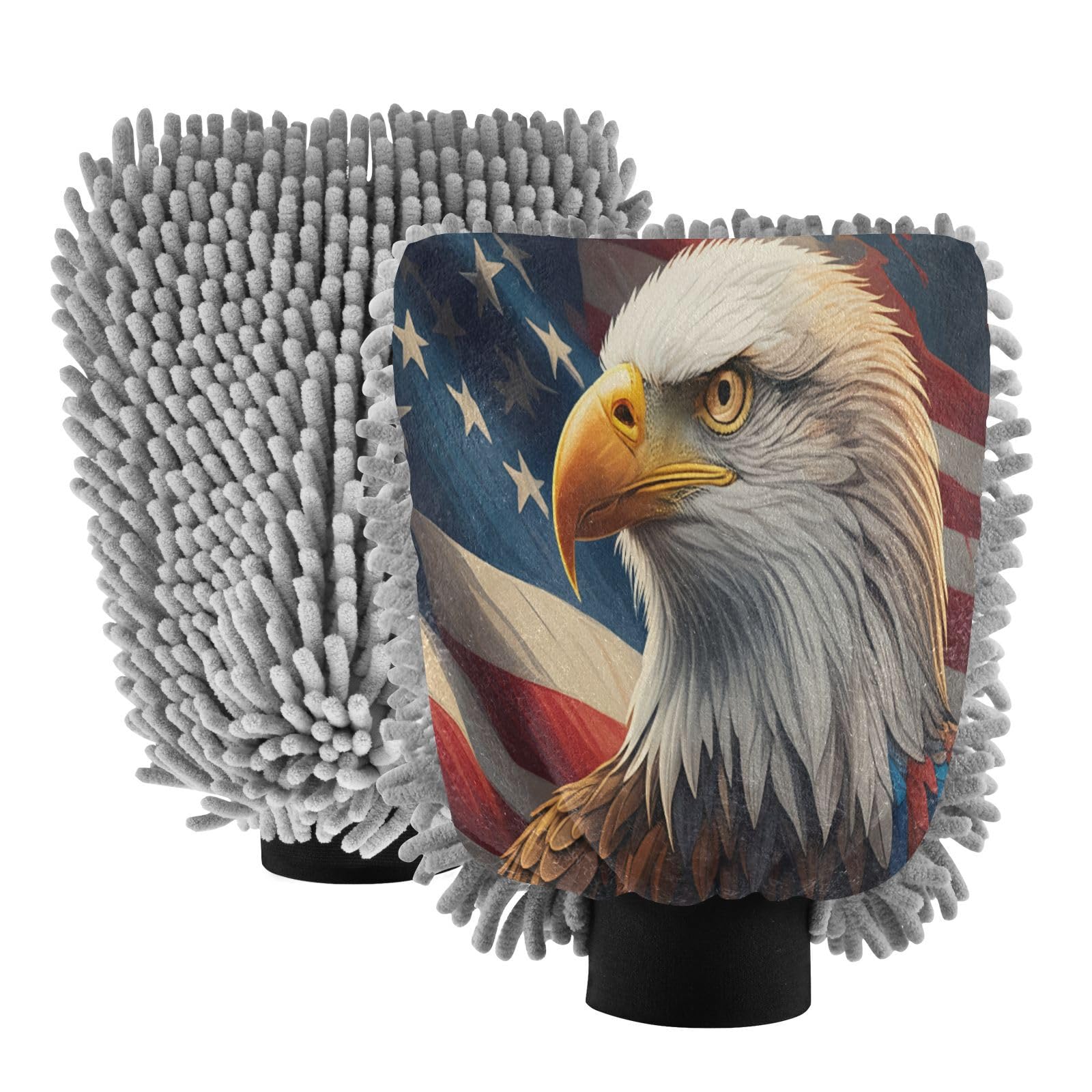 STAYTOP American Flag and Eagle Car Wash Mitt Microfiber, 2Pcs Scratch Free Lint-Free, Premium Chenille Microfiber Mitt Car Wash Brush-M