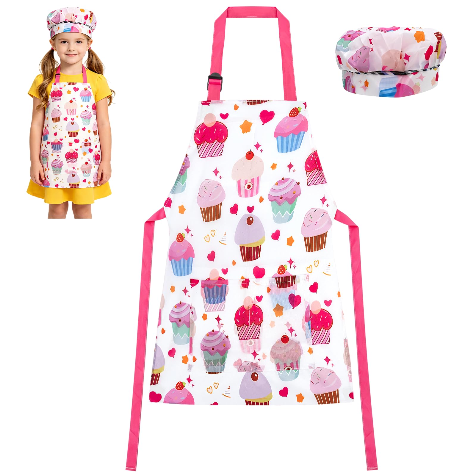DRERIO Small Apron and Chef Hat Set, Cartoon Style for Cooking, Baking, Painting Boys and Girls (Cake style)