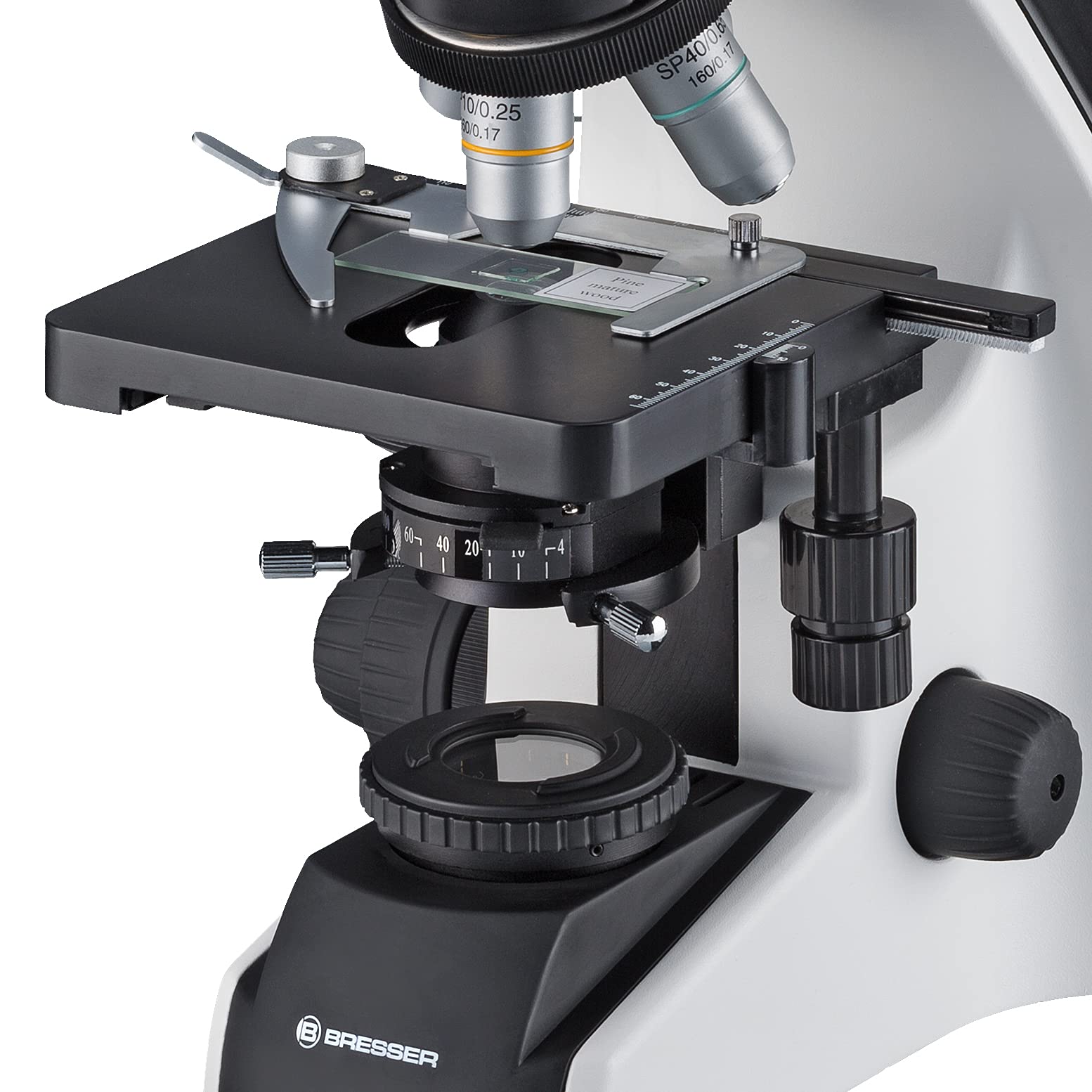 Bresser trinokulares Durchlicht Mikroskop Science TFM-301 Trino 40-1000x Vergrößerung, mit Köhlerscher Beleuchtung, koaxialem Kreuztisch, c-Mount Anschluss und sehr heller 3W LED-Beleuchtung | Köhlersche Beleuchtung, Trinokulartubus mit C Mount, Kreuztisc