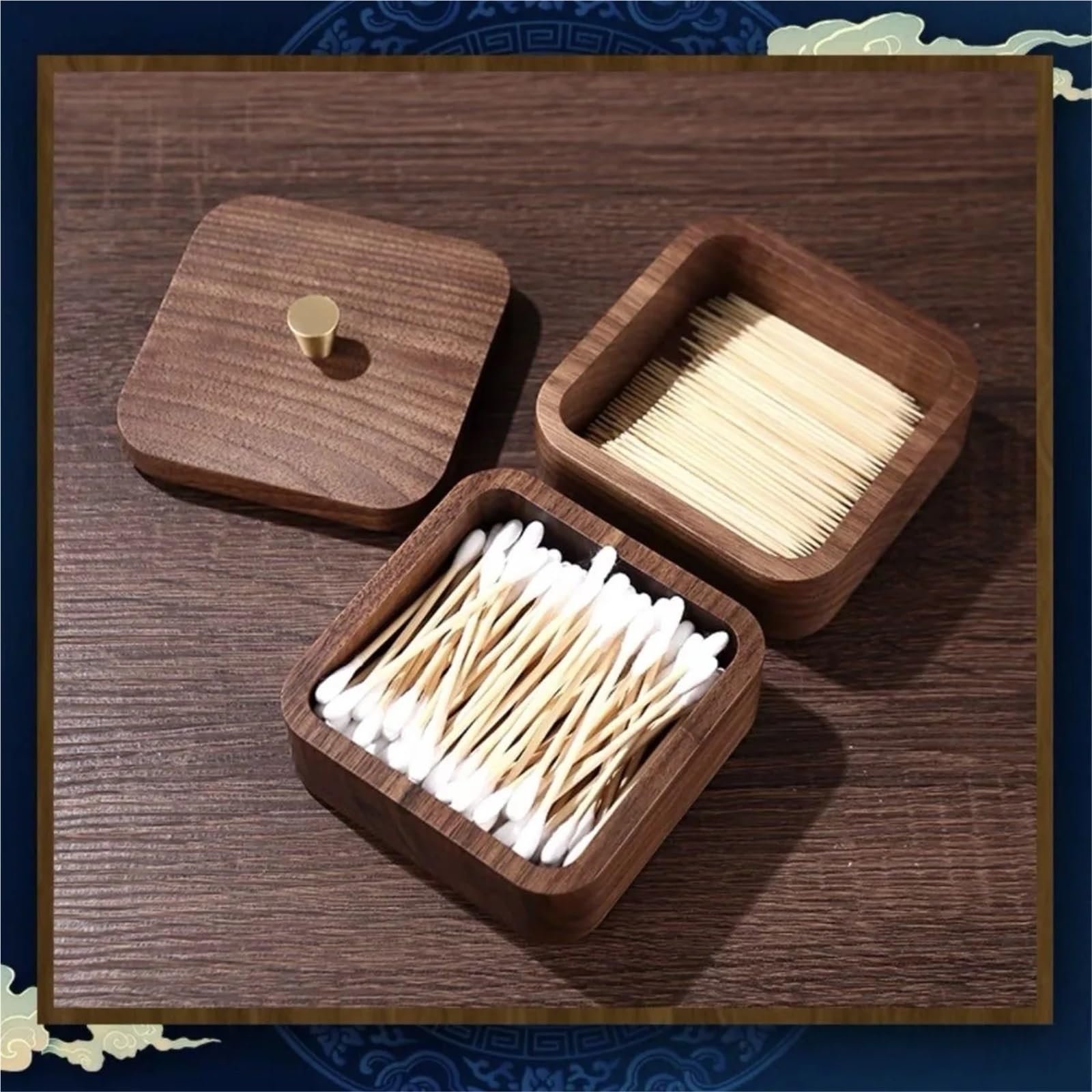 Zahnstocher Box Zahnseide-Box aus schwarzem Walnussholz, doppelte Aufbewahrung, Haushalt, Zahnstocher, Wattestäbchen, Schmuck(1 Layers)