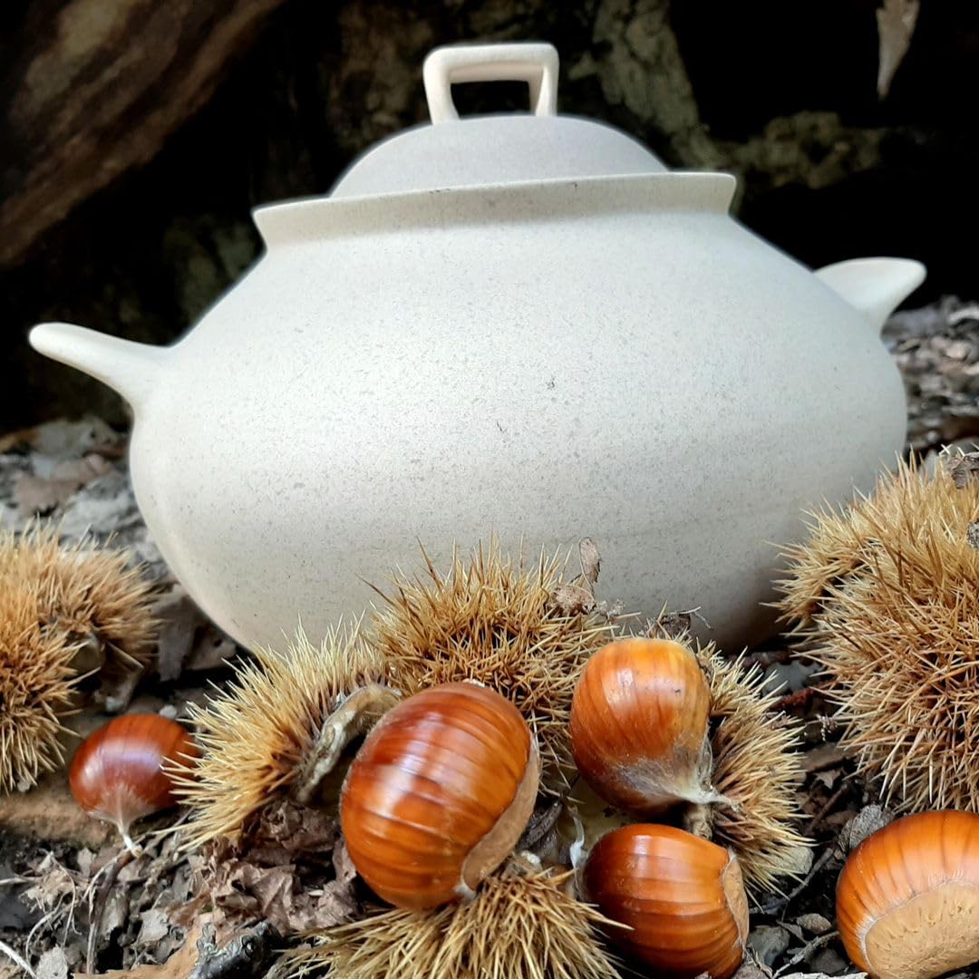 Wald Cuocipatate e Cuocicastagne in Argilla da Fiamma – Ø 22 cm con Coperchio – Cottura a Secco, Ideale per Patate e Castagne, Uso Diretto su Fiamma, Naturale e Non Smaltato