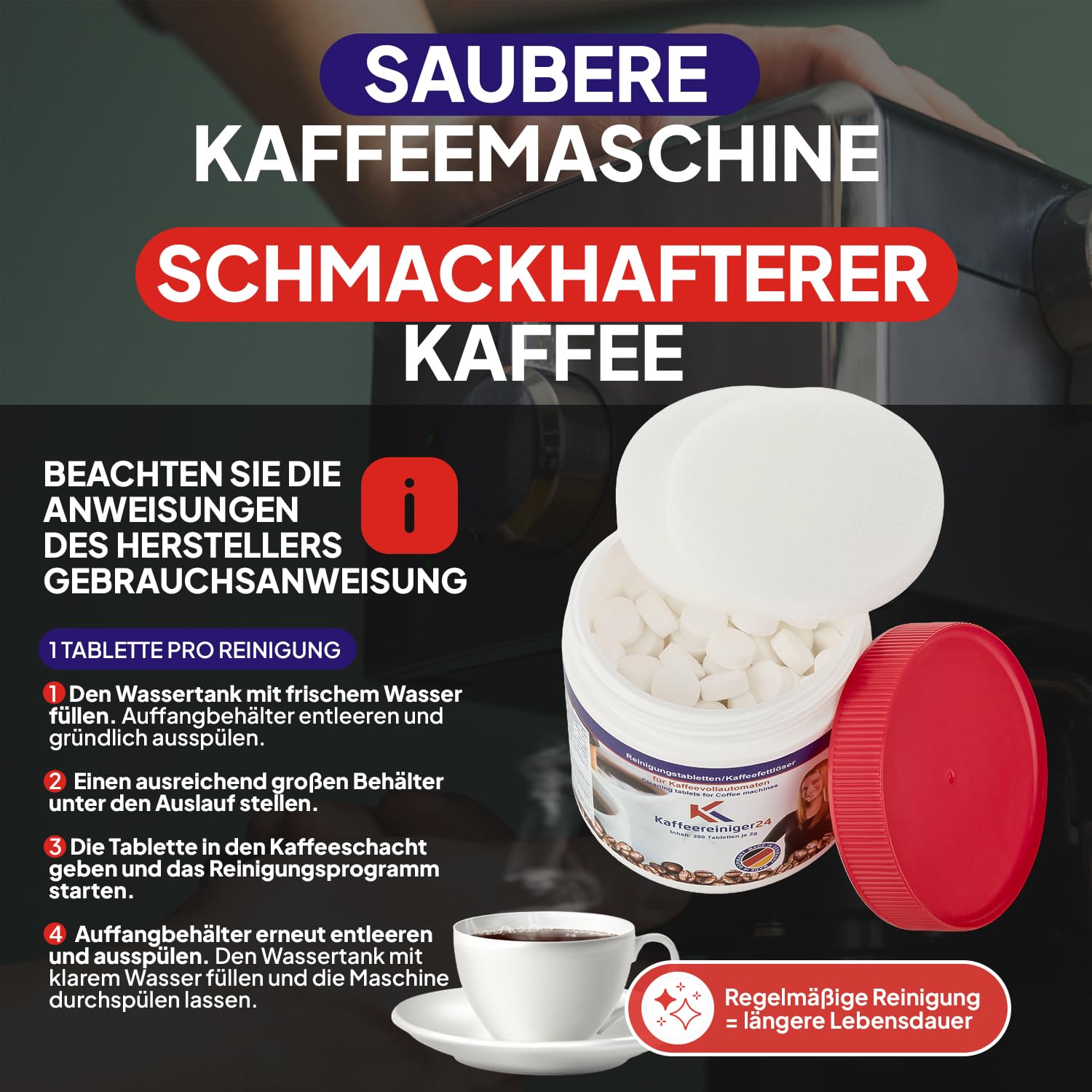 200 Reinigungstabletten 2g für Kaffeevollautomaten & Kaffeemaschinen – nur 8 Cent je Reinigung – Kompatibel mit Jura, Siemens (auch EQ Series), Melitta, Krups, Bosch, Miele uvm.