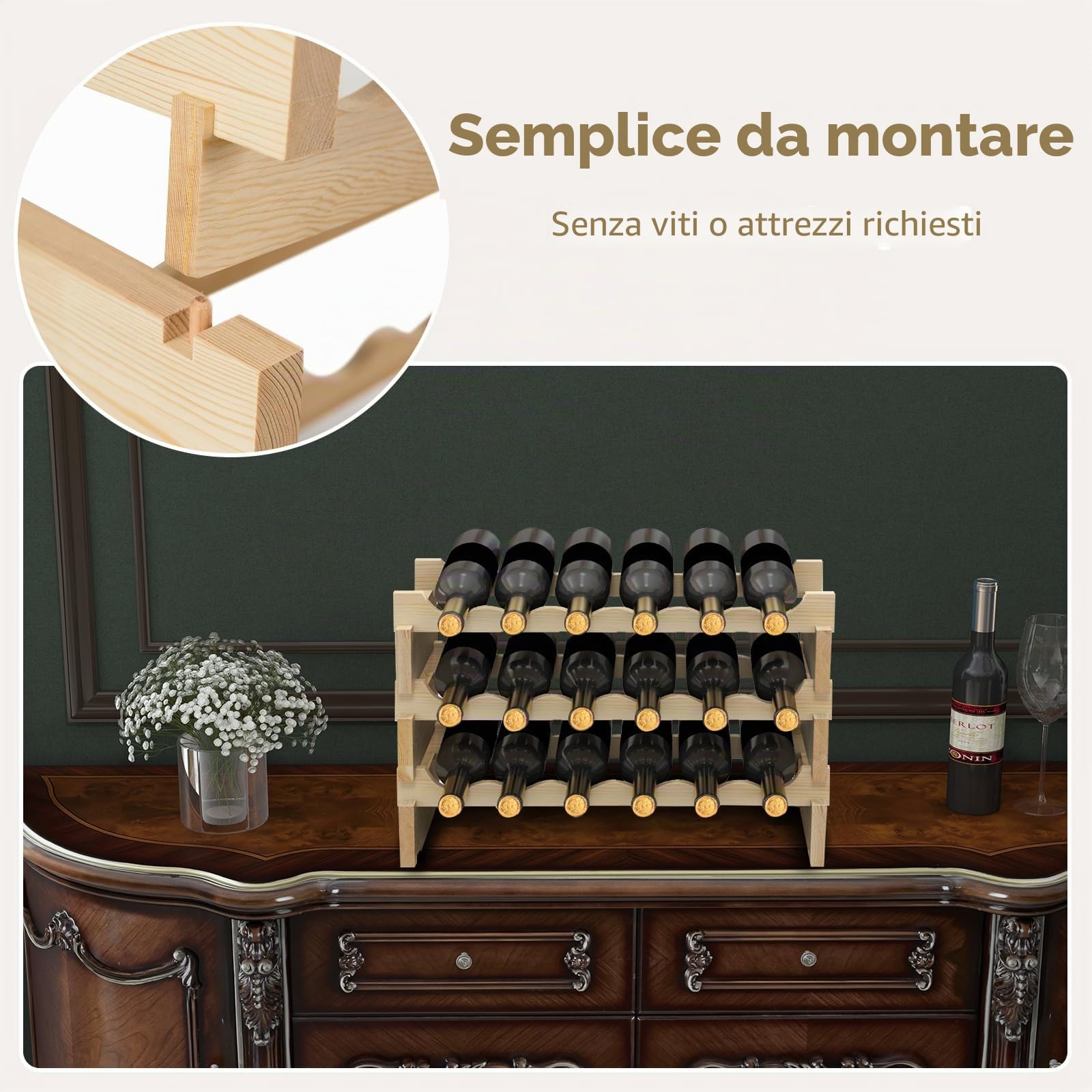 GIANTEX Scaffale Porta Bottiglie di Vino Fino a 36 Bottiglie, Cantinetta in Legno di Pino, 6 Ripiani, 63 x 28 x 85 cm, Naturale (36 Bottiglie)