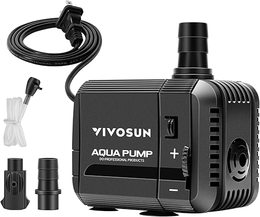VIVOSUN 210GPH Submersible Pump(800L/H, 8W), Ultra Quiet Water Pump with 3.3ft High Lift, with 5ft Power Cord, 2 Nozzles for Fish Tank, Pond, Aquarium, Statuary, Hydroponics Black