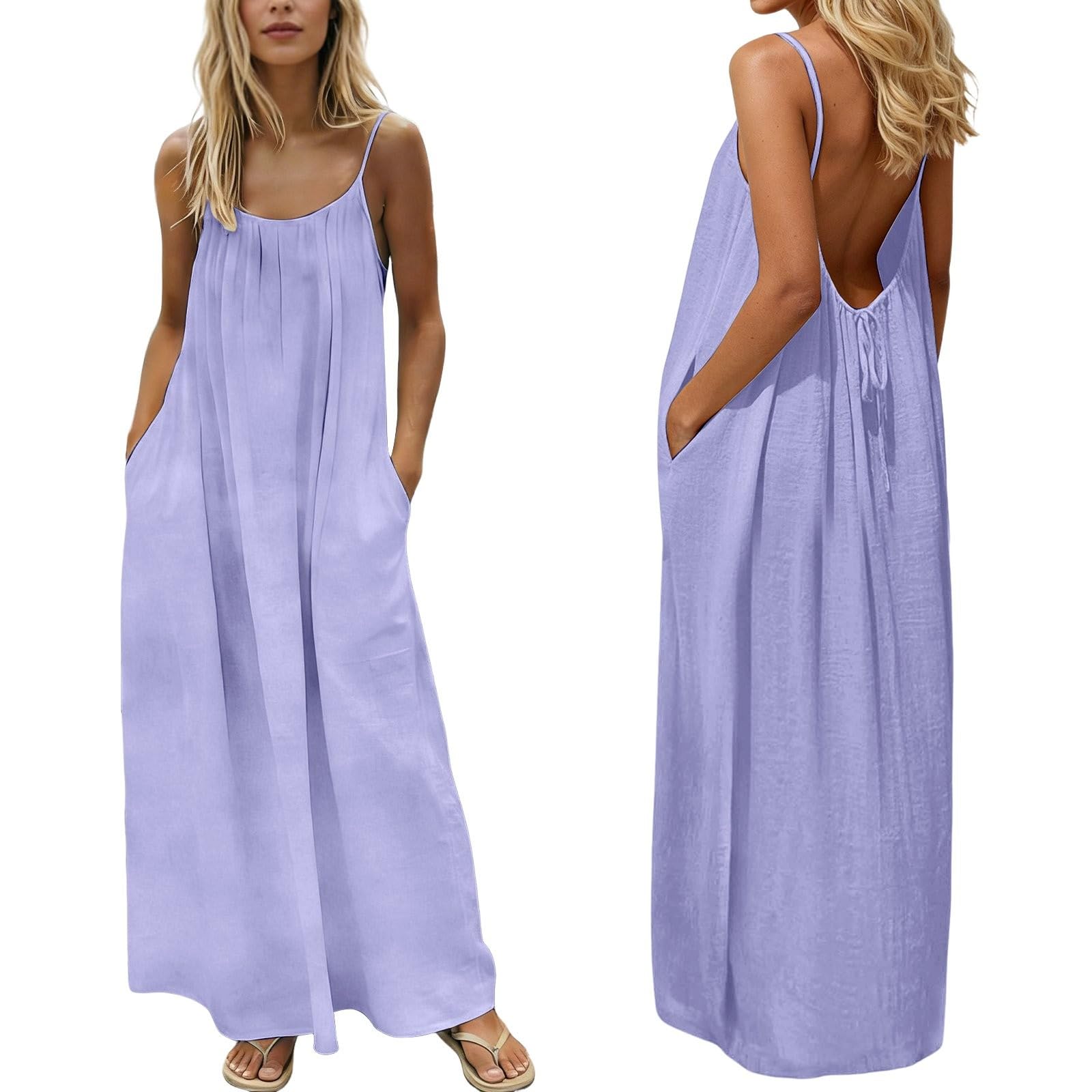 Moda Playa Mujer Vestido Largo con Bolsillos Sin Mangas Espalda Descubierta | Tirantes finos, de color liso, maxi vestido de verano para playa, vacaciones, cómodo vestido de verano