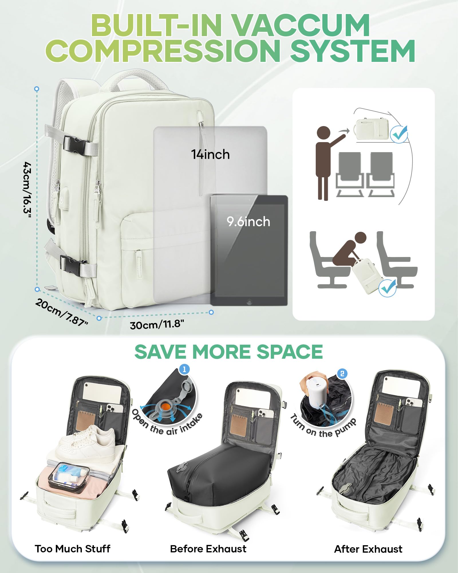 SZLX Zaino Ryanair 40x30x20 Sottovuoto Bagaglio a Mano 40x20x25 Donna Zaino da Viaggio 40x30x20 Wizzair Borse da Cabina per Easyjet 45x36x20 Uomo per Laptop 14 Pollici con Porta USB e Porta Scarpe