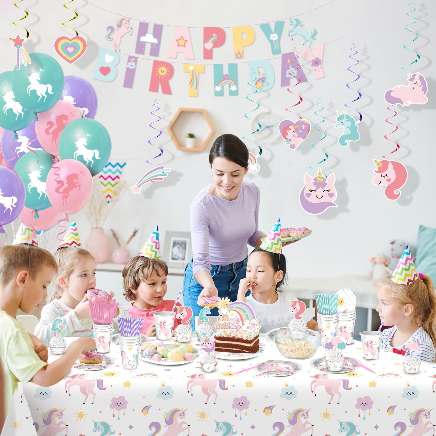 Unicorn Birthday Decorations, Unicorn Party Decorations, Rainbow Birthday Decor for Girls, Includes Plates, Cups, Napkins, Banner, Tablecloths, Balloons, Cupcake&Cake Topper serve 24 Guests