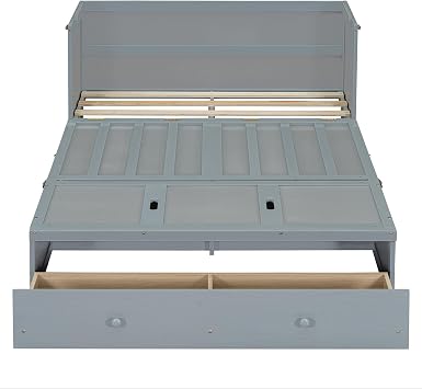 Harper & Bright Designs Full Size Murphy Bed, Wooden Full Murphy Bed Frame with USB Port and a Large Drawer, Gray