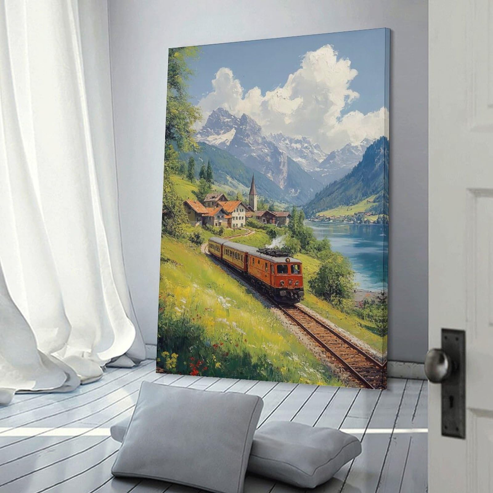 Junmoney Frame-Style-7 Wall Decor Canvas Print Train Through Swiss Alps, 24X36inch(60X90cm), For Living Spaces, Bedrooms Or Relaxed Rooms, A Home Accent With Warm Character