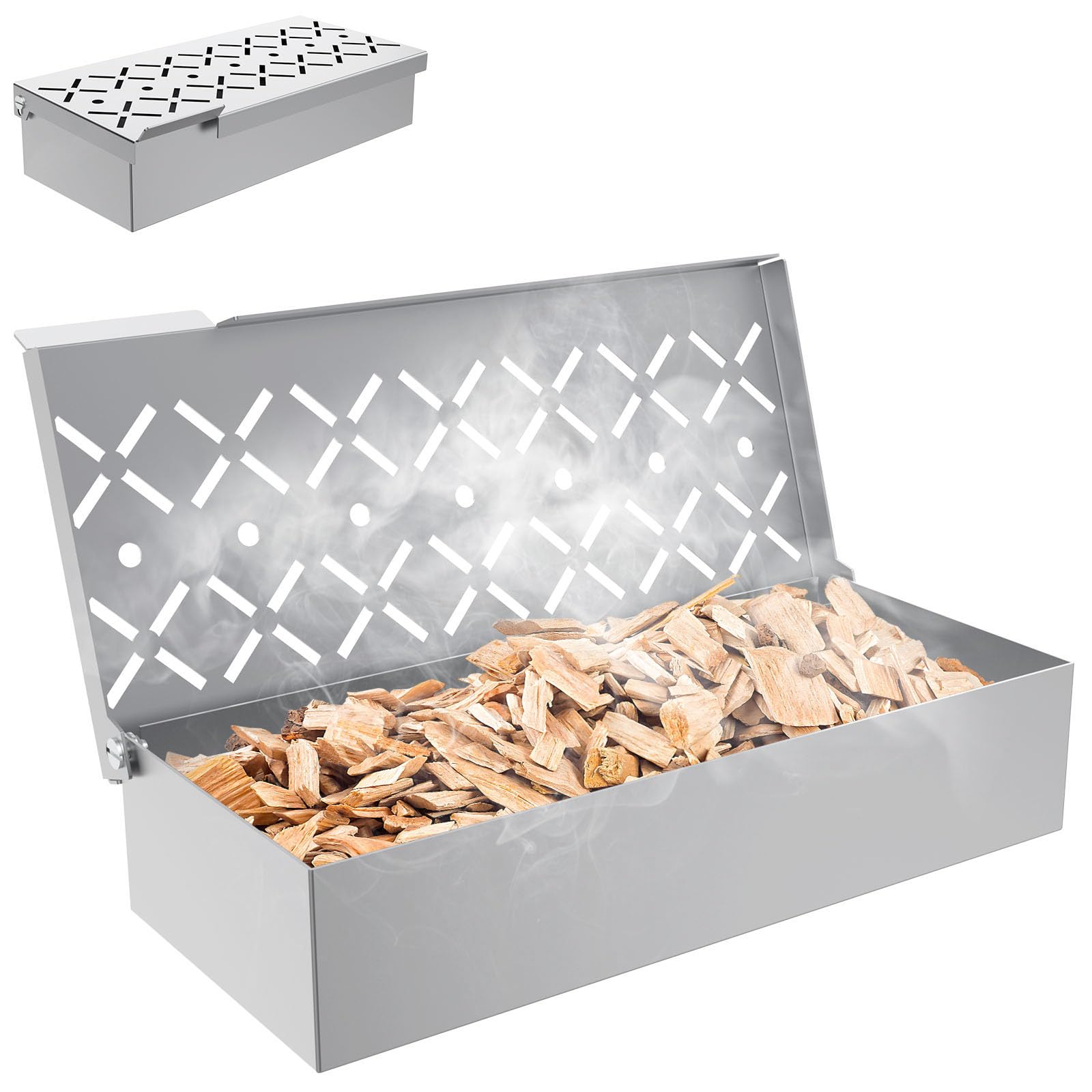 7576 Stainless Steel Smoker Box for Weber, Napoleon, Charbroil, Traeger, Pit Boss Gas & Charcoal Grill, Universal Wood Chip Smoker Box for Charcoal & Propane Gas Grill