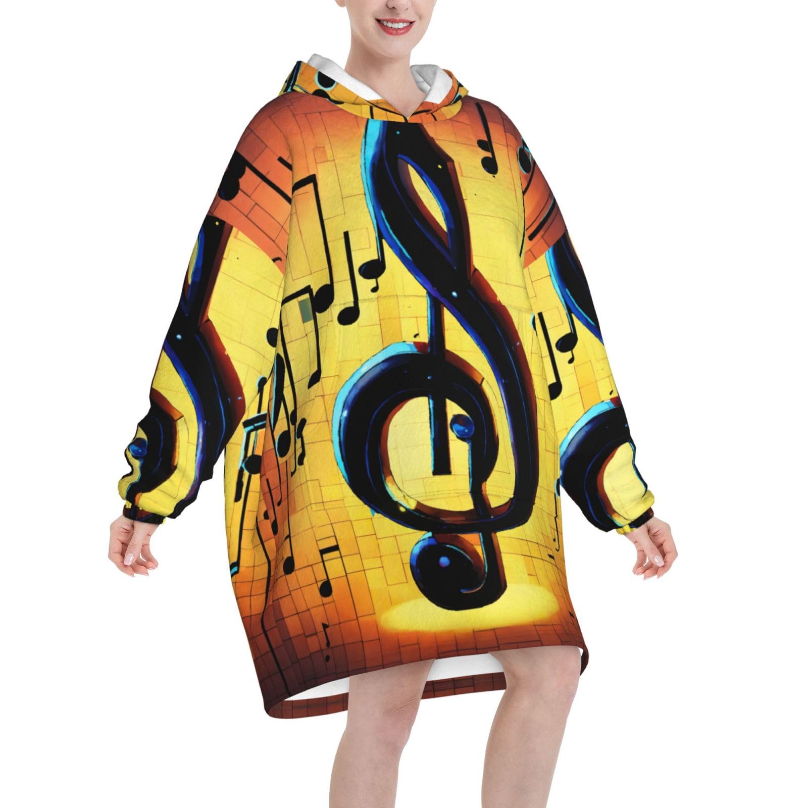 EdWal Nuta muzyczna nadruk flanelowy koc z kapturem do noszenia dla dorosłych, przytulny miękki ciepły pluszowy koc prezenty dla kobiet, Czarny, 280g flannel