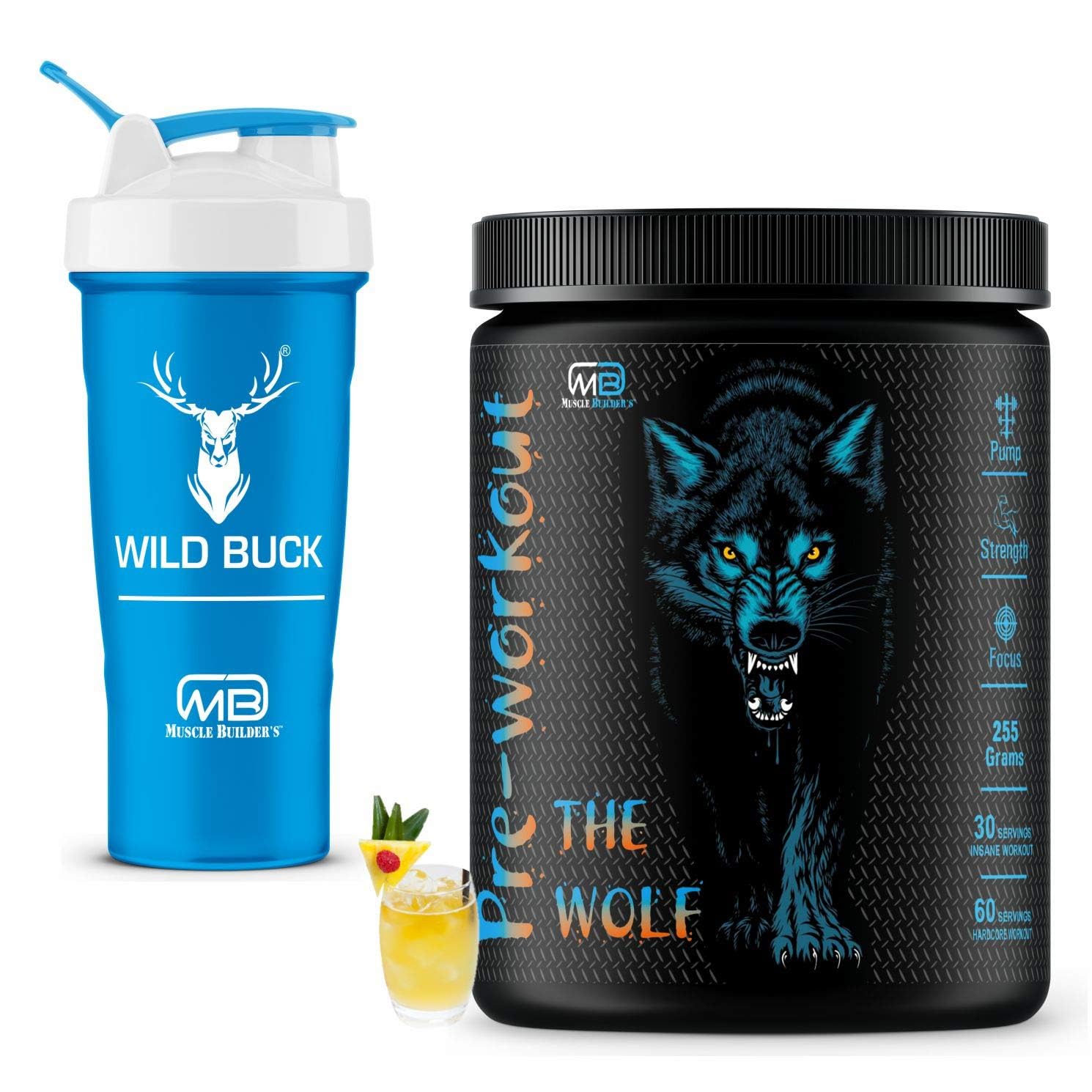 M B Muscle Builder's The Wolf Pre Workout Supplement with Creatine Monohydrate, L-Arginine, Beta-Alanine, Caffeine Anhydrous - For Men & Women [30-60 Servings, Pina Colada, 255g] With Free Shaker