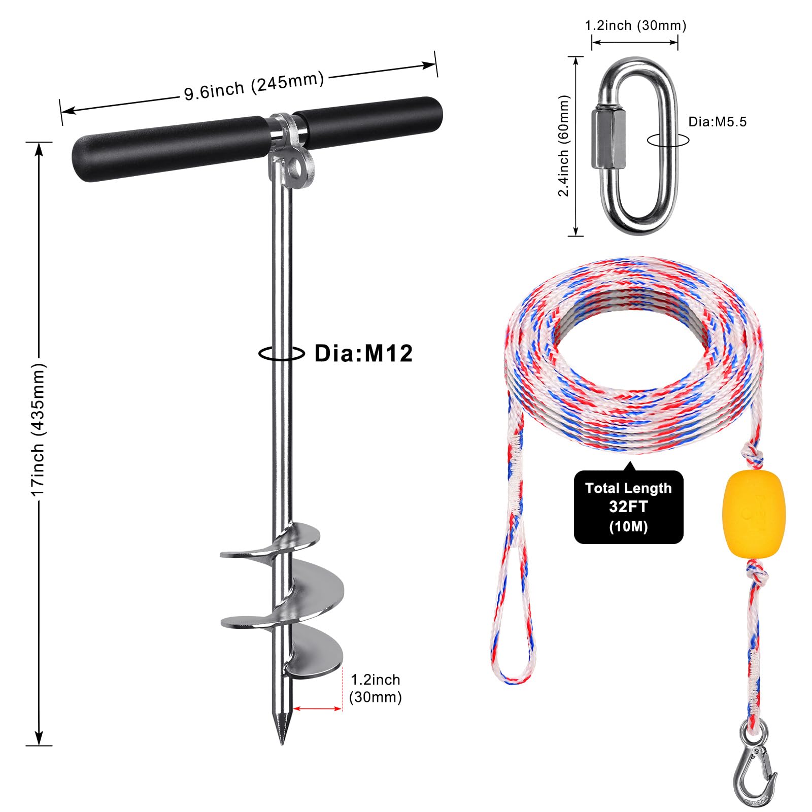 Insaga Ancoraggio per sabbia da 17 '' per barca con corda da 9,8 m, in acciaio inossidabile 304 con barra trasversale, ancoraggio a vite completamente saldato per barche per kayak, jet ski, pontone