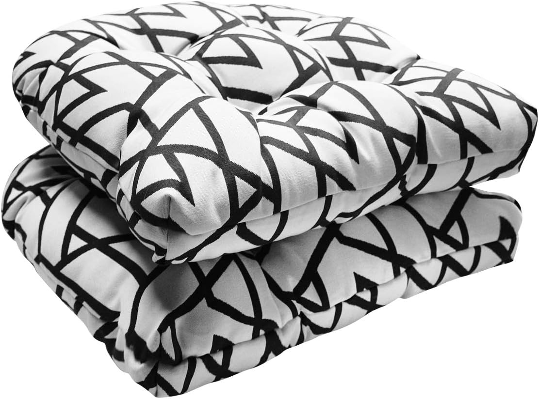 Fabritones Outdoor Tufted Wicker Seat Cushions Set of 2 Black Geometric Triangle 16x17 Inch Decorative Patio Chair Cushions with Ties for Garden Patio Home