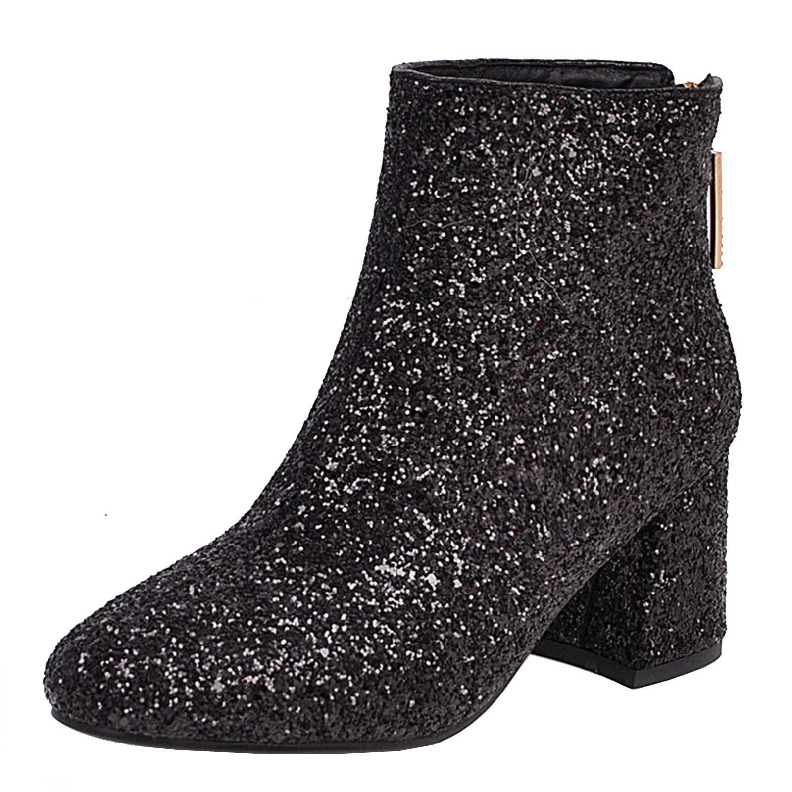 Elbslutt Womens Glitter Sparkly Booties Chunky Heels Ankle Boots Back Zipper Block Heeled Short Sequin Boots Wedding Bridal