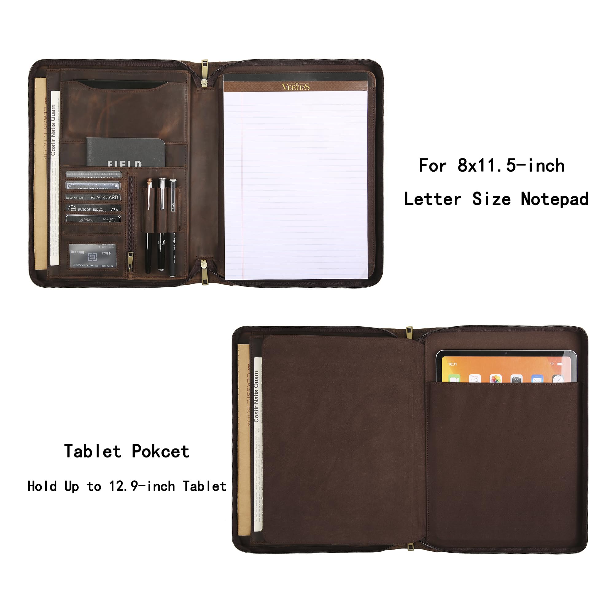 Portadocumenti fatto a mano in vera pelle per iPad/documenti, business padfolio con porta blocco note in pelle A4, cartella compatta in pelle per conferenze per uomini e donne, cachi scuro