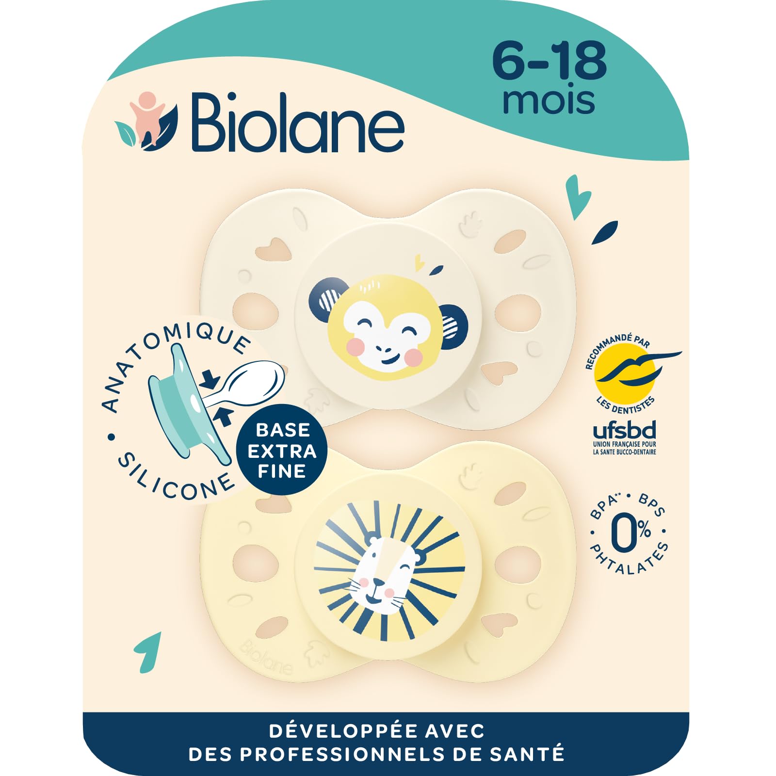 BIOLANE - Anatomical Animal teats - Extra-fine Pacifiers - 6 to 18 Months - Yellow and Beige - Flat and Reversible Teat - Optimal Comfort - Respect for Oral Development - Renewable Materials