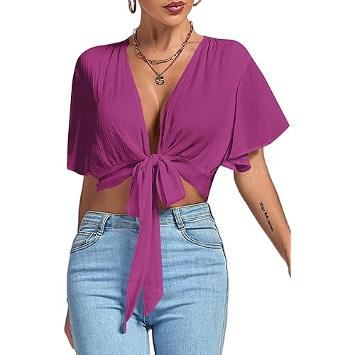 LYANER Women's Deep V Neck Tie Front Knot Wrap Ruffle Short Sleeeve Crop Top Blouse