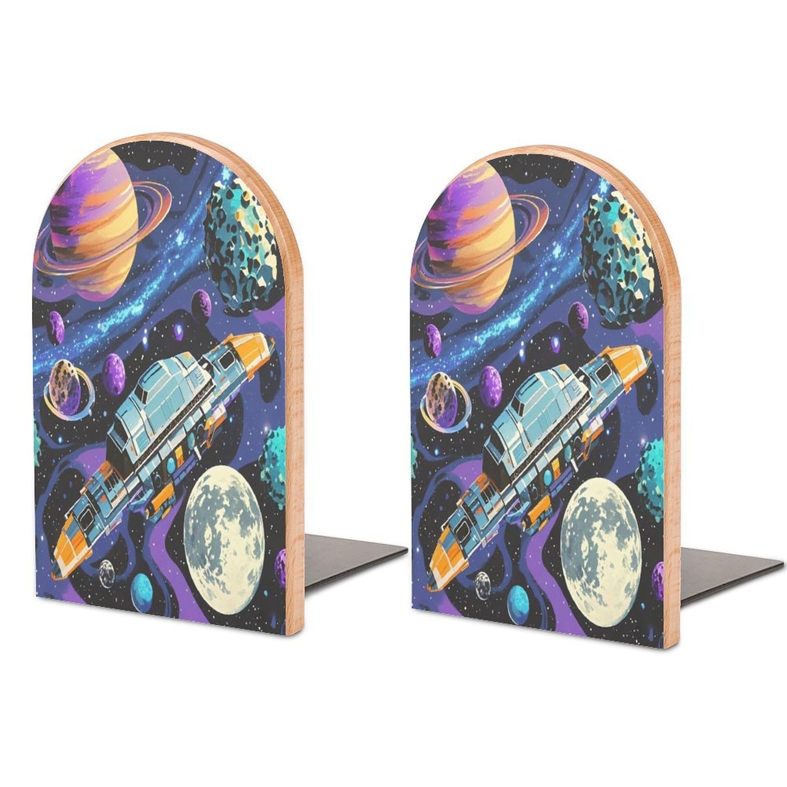 Colorful Retro Space Theme Bookend for Shelves Wooden Book End Sturdy Book Holders Stoppers with Metal Base for Bookshelves Slick Decorative Bookends Stands