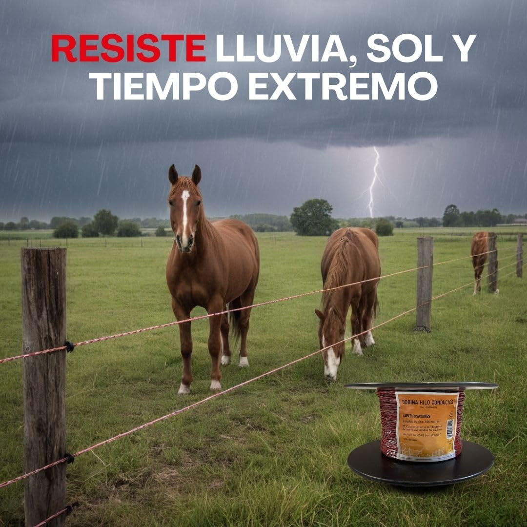 Llampec Hilo Pastor Eléctrico 500 m x 1,75 mm – 6 Conductores Acero Inoxidable – Alta Conductividad y Trenzado Exterior Eficaz – Cable Valla Eléctrica para Caballos, Vacas y Perros – Bobina Pastor