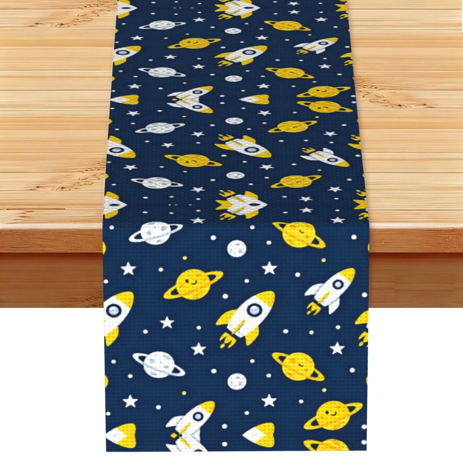 rockets and planets Linen Look Table Runner 13x72-Wrinkle Resistant Farmhouse Style for Dining Table Decor