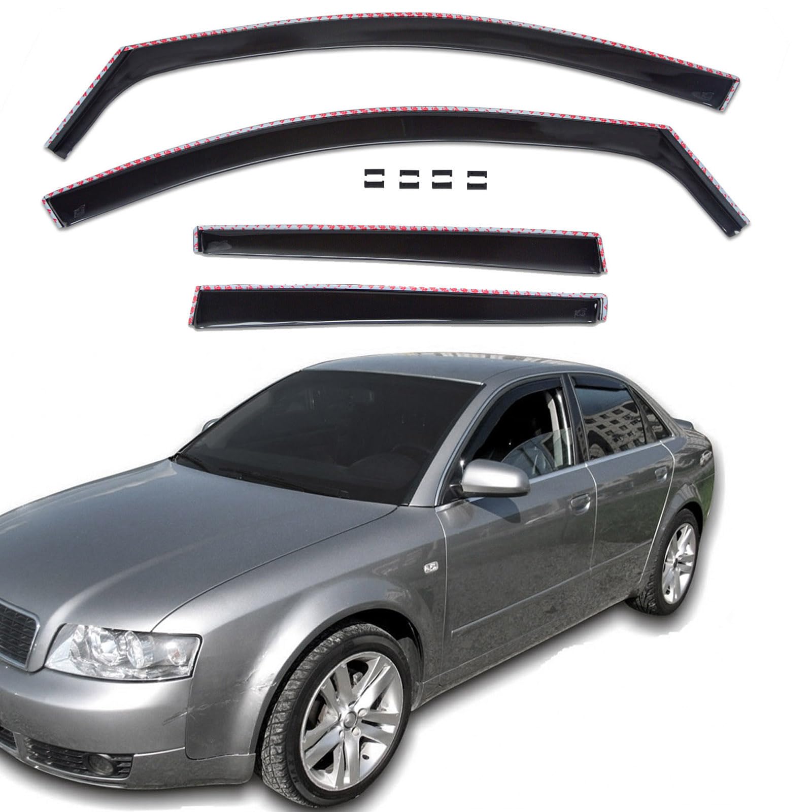 J&J AUTOMOTIVE GP Windabweiser passend für Audi A4 B6 / B7 4-Türer Limousine 2000-2009 4tlg, Vorne und Hinten Regenabweiser Passform Getönt Schwarz