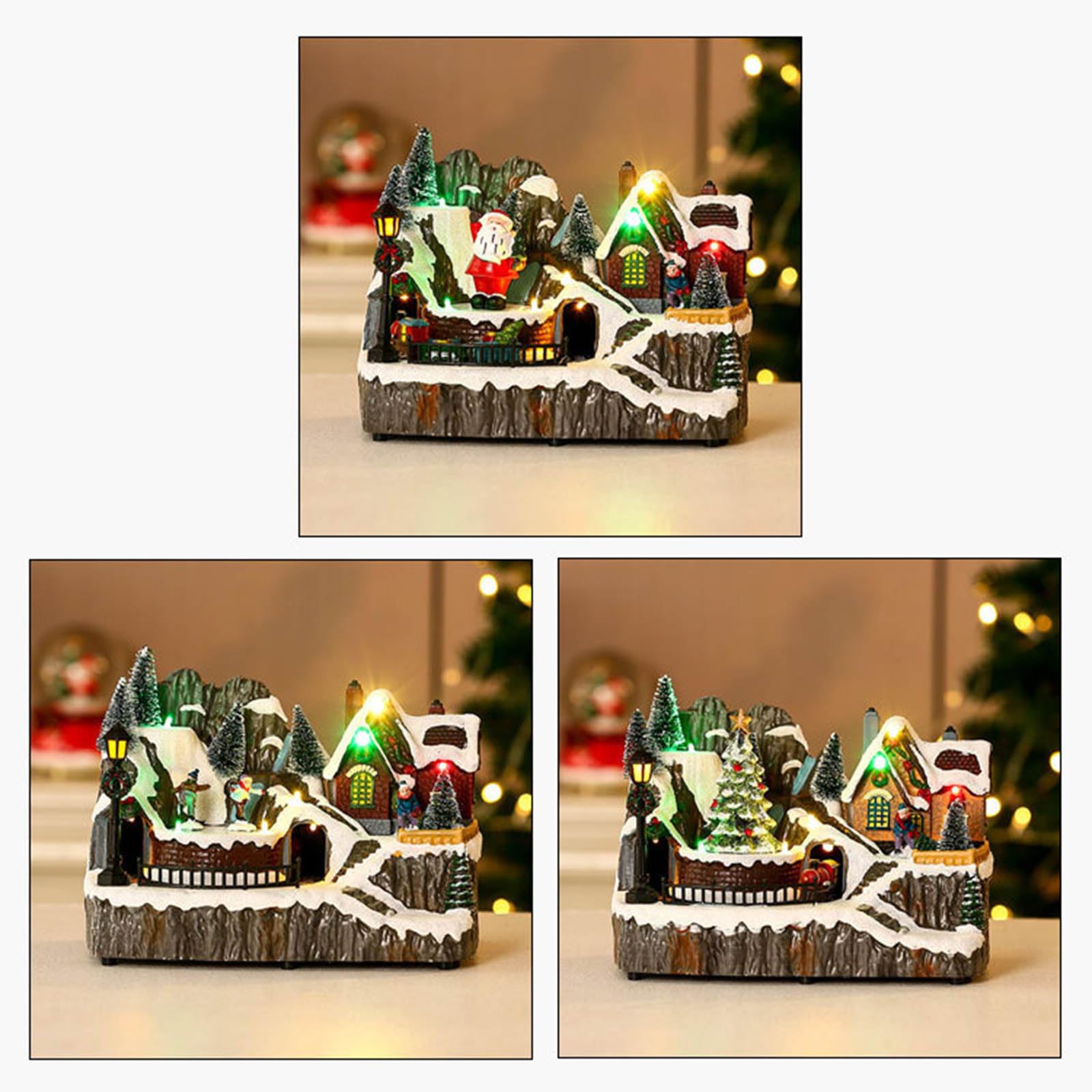 Figura decorativa de casa de pueblo de Navidad con luz LED giratoria, decoración para el hogar, festival, vacaciones, Año Nuevo