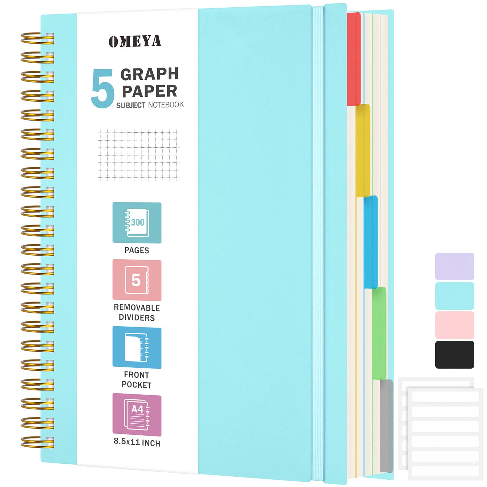 Graph Paper Notebook 8.5" X 11": 5 Subject Graphing Notebook with Dividers