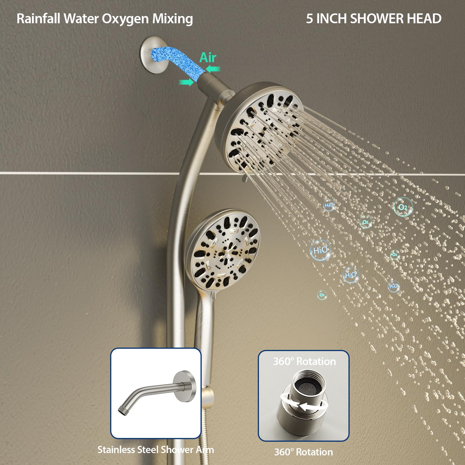 Sarlai Shower Mixer Set,7 Spray Jet Modes Adjustable Shower Riser Rail Kit,4.7 Inch Shower Head and Hose for Bathrooms,Shower Head 2-Way Diverter,Brushed Nickel - Image 4