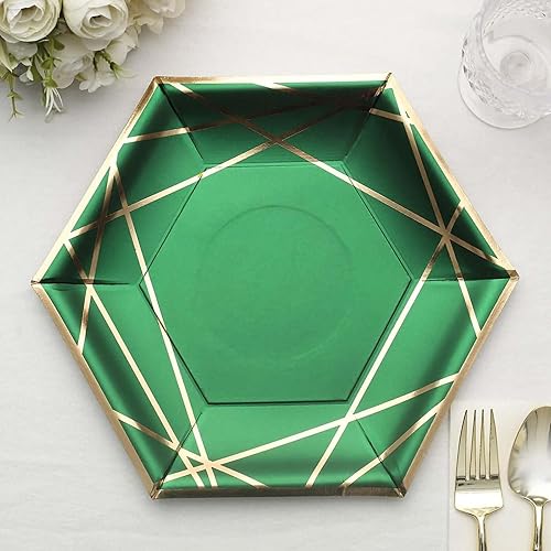 Efavormart - Paquete de 25 platos de papel hexagonales de 9 pulgadas, color verde esmeralda cazadordorado, platos geométricos desechables para