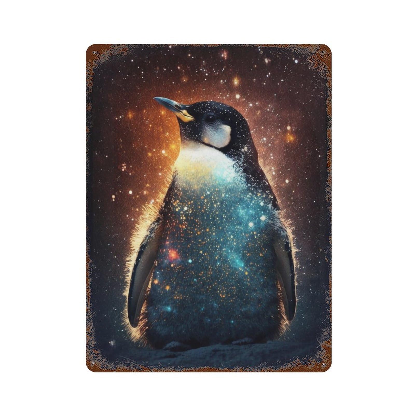 Rust Effect Galactic Penguin Art Print-1 Rusty Metal Tin Sign 15.7"x11.8", Decorative Metal Wall Art for Farmhouse, Kitchen And Entryway Decor